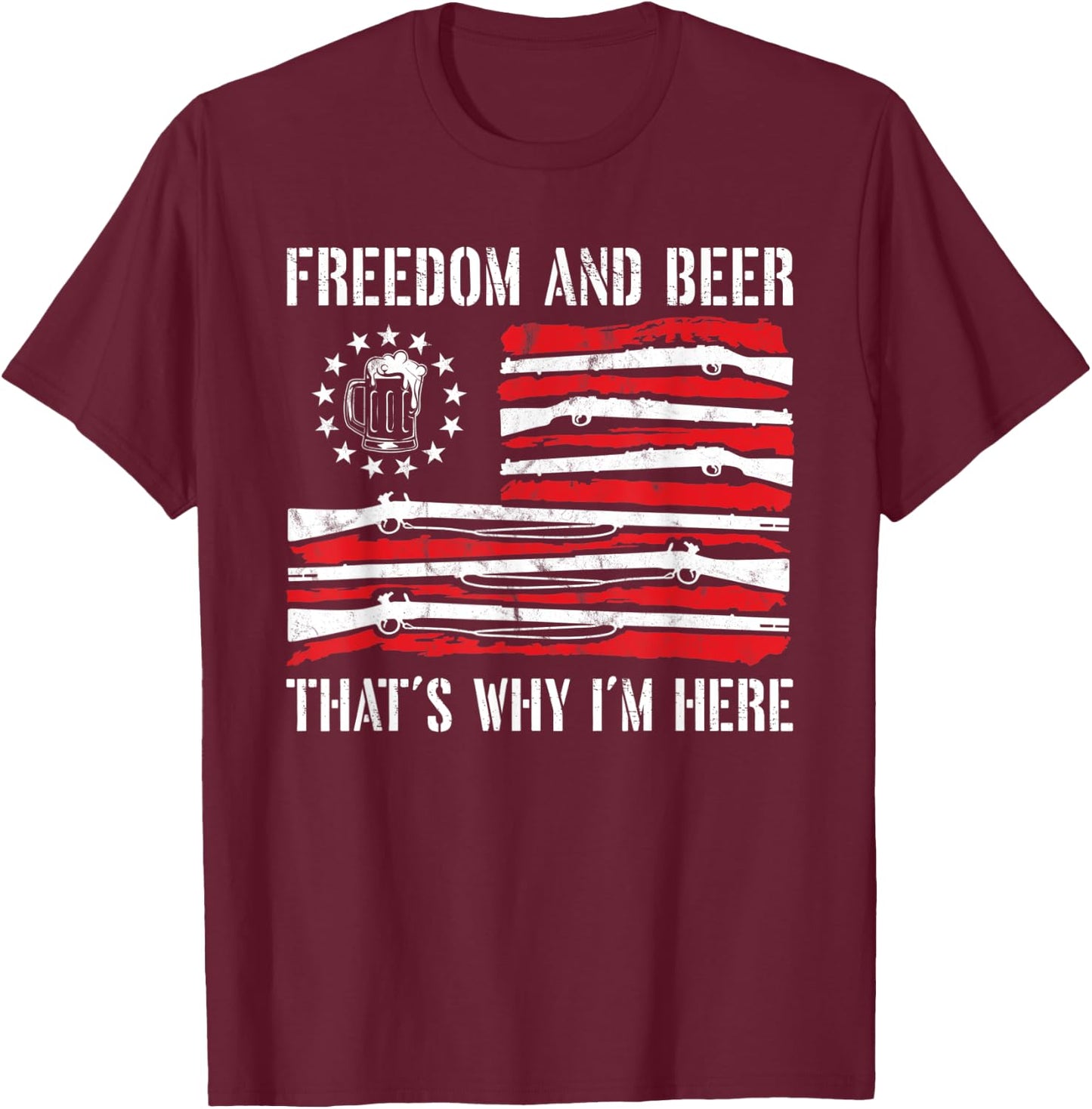 4th of July Freedom And Beer Gun Rights Merica American Flag T-Shirt - T-Shirt | Maroon