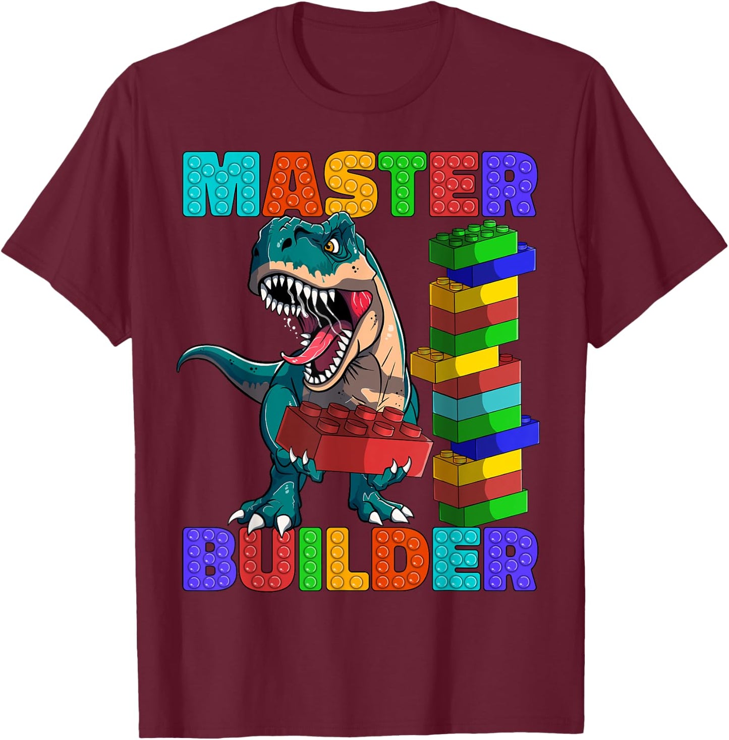 Master Builder Dinosaur Blocks T-Rex Kids Adults T-Shirt - T-Shirt | Maroon