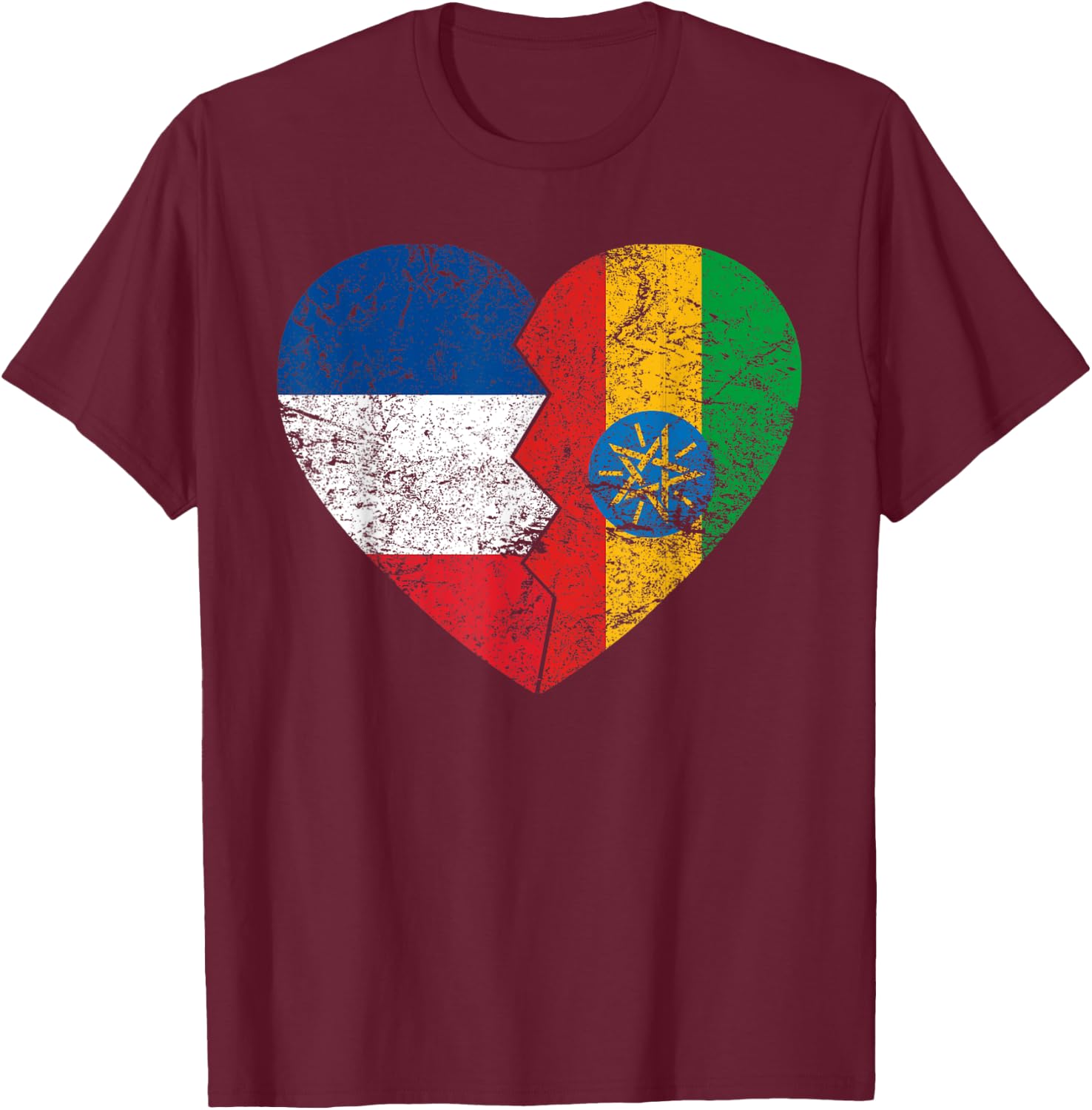Ethiopian Flag Heart | France Ethiopia Roots Vintage , Black, S T-Shirt - T-Shirt | Maroon