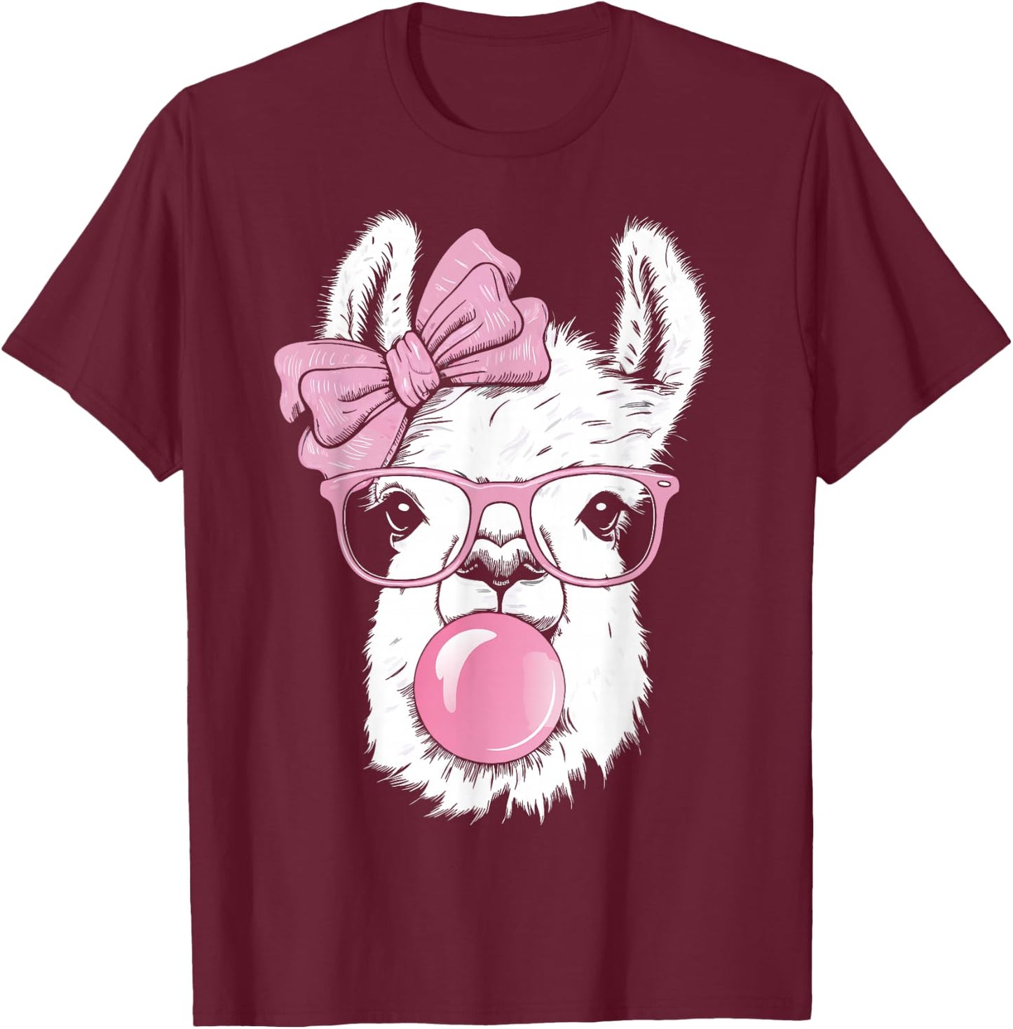 Llama Wearing Glasses and Blowing Pink Bubble Gum T-Shirt - T-Shirt | Maroon