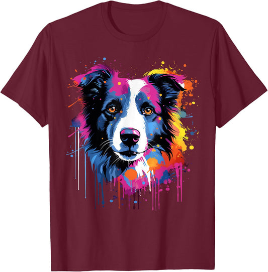 Niedlicher Border Collie Hund auf bemaltem Border Collie T-Shirt - T-Shirt | Maroon