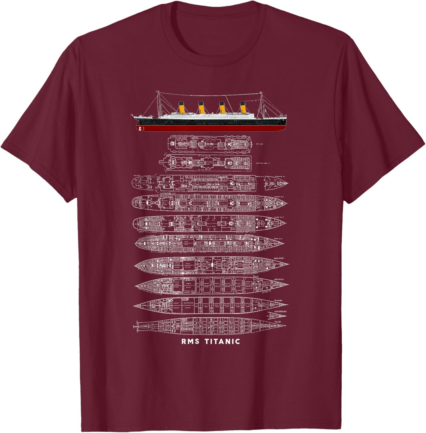 Titanic 1912 Sinking Ship Vintage Collection - Erwachsene , Schwarz, S, Kurzarm, Retro, Vintage, Collectible, Themed, 1912 T-Shirt - T-Shirt | Maroon