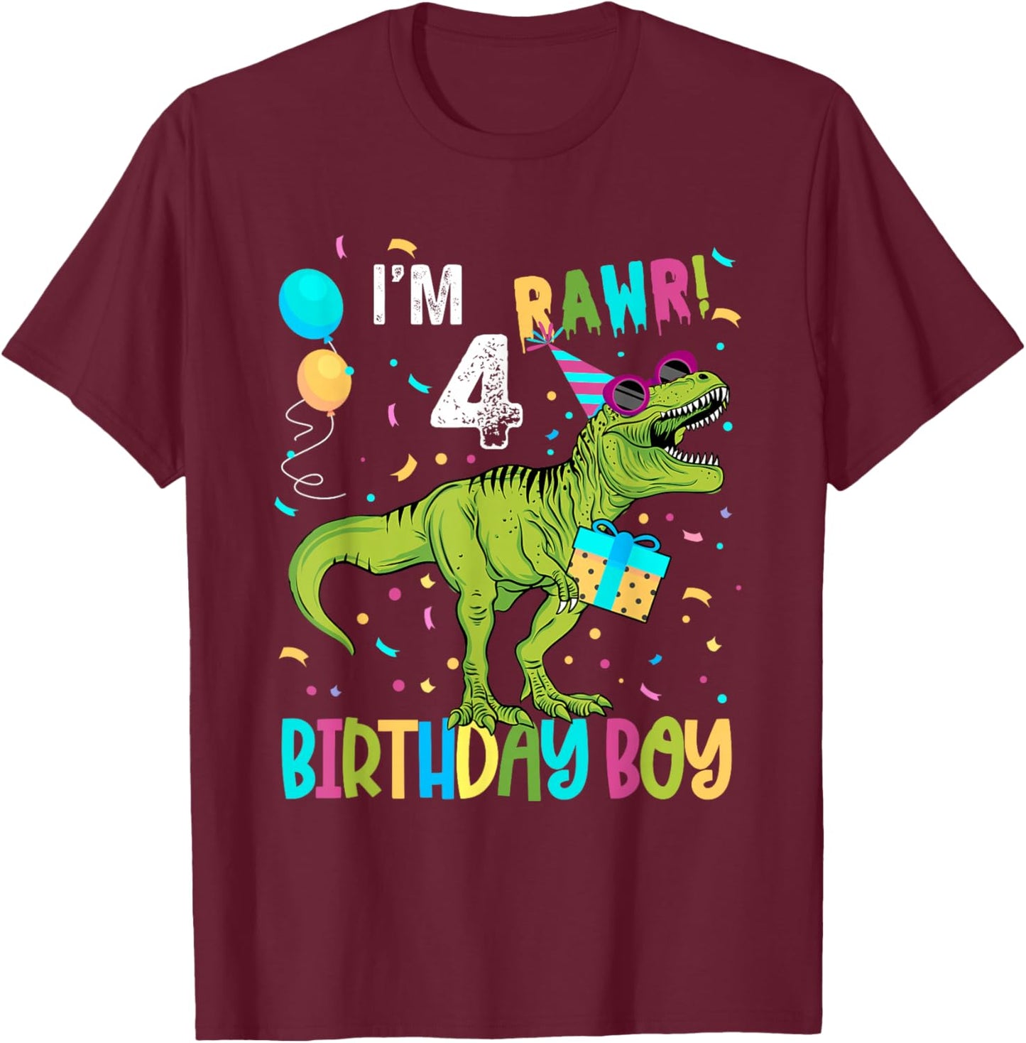 Birthday Boy 4 Years Old 4th Cute Rex Family Dinosaur Squad T-Shirt - T-Shirt | Maroon