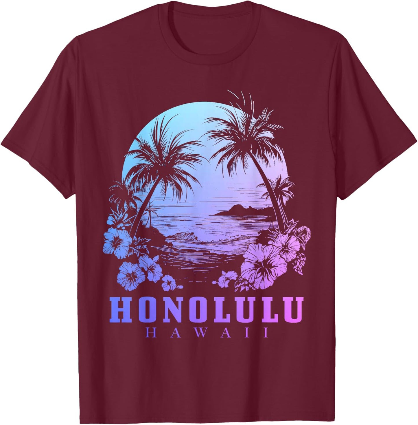 Honolulu Hawaii Hawaiian Hibiscus Flowers Surfer Souvenir T-Shirt - T-Shirt | Maroon