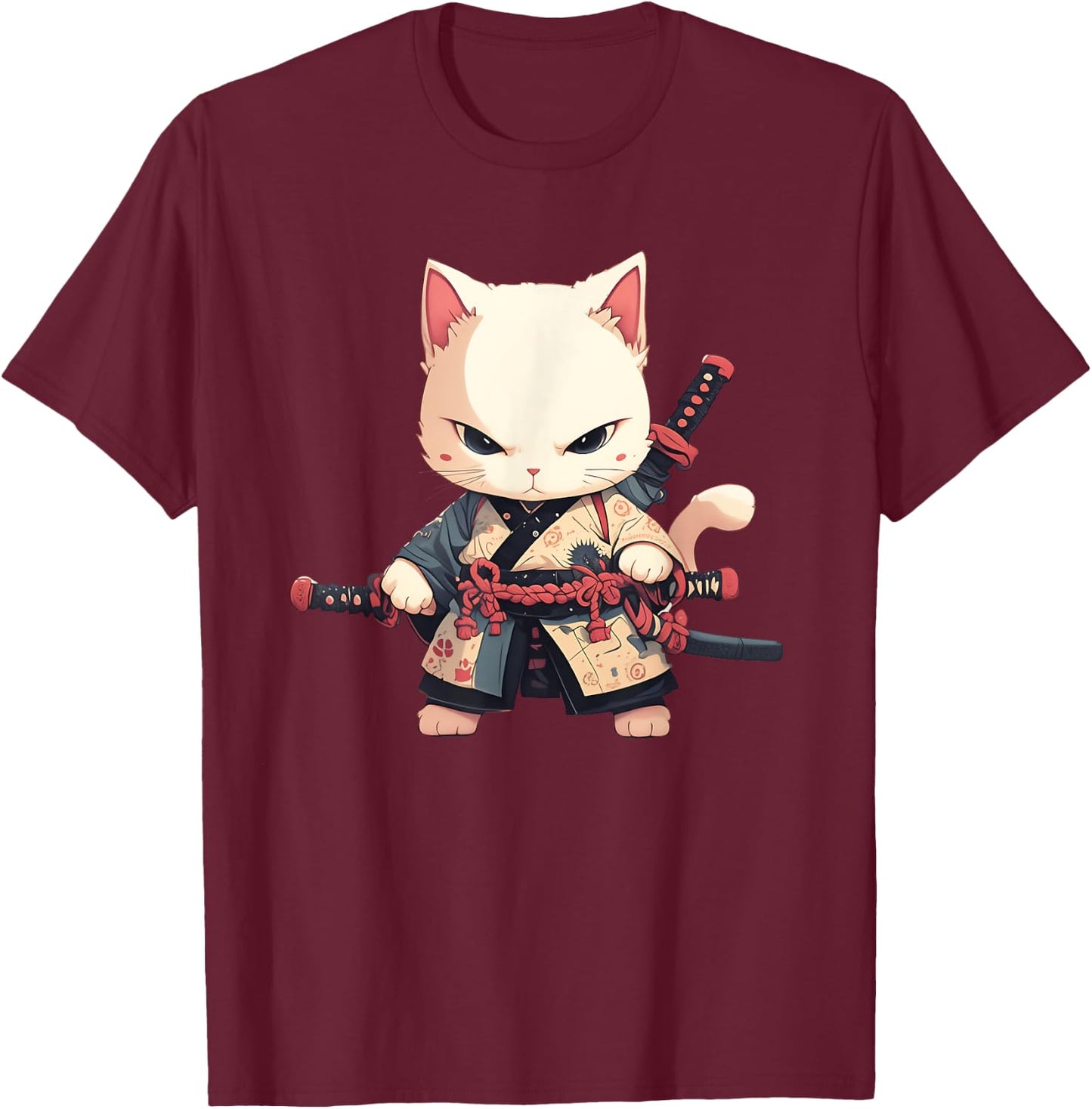 Japanese Samurai Cat Kawaii Ninja Cat Neko Men Women Girls Kids T-Shirt - T-Shirt | Maroon
