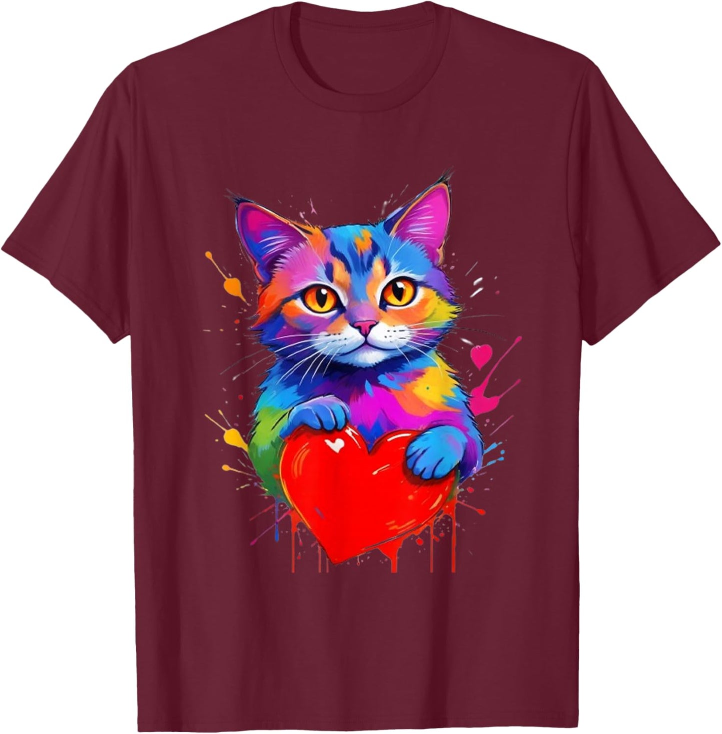 Cat Shirt - Colorful Graphic Cat Heart Shape , Black, S T-Shirt - T-Shirt | Maroon