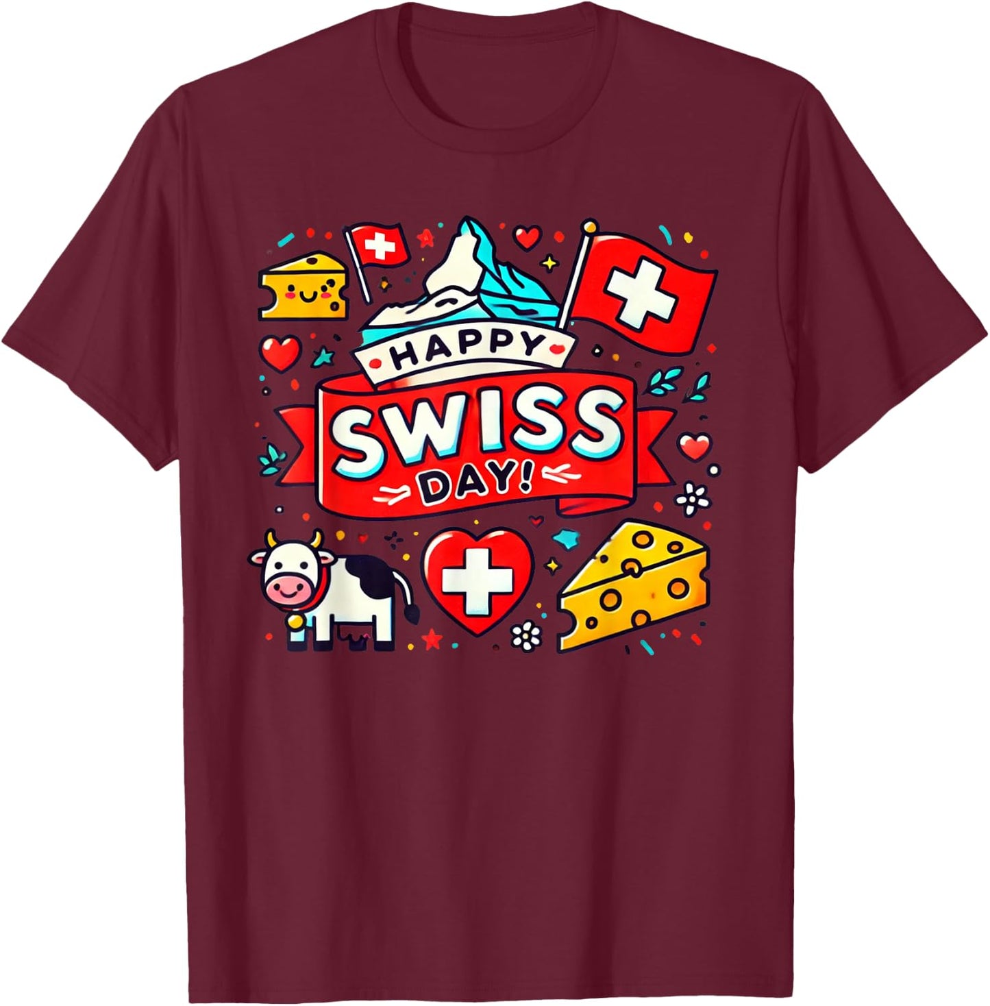 Happy Swiss Day Switzerland National Day Swiss Flag T-Shirt - T-Shirt | Maroon