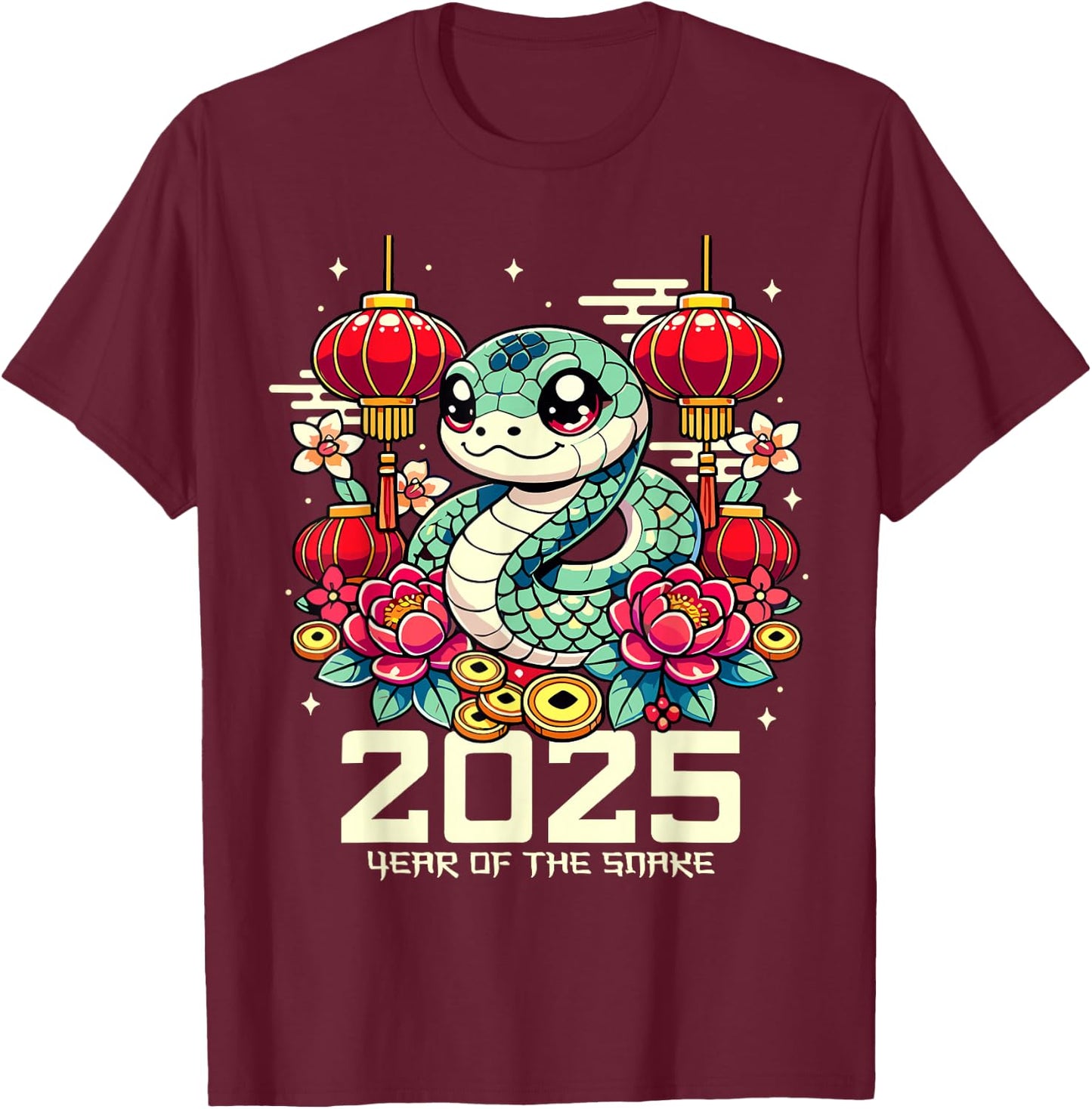Cute Happy Chinese New Year of the Snake 2025 Lunar Zodiac T-Shirt - T-Shirt | Maroon