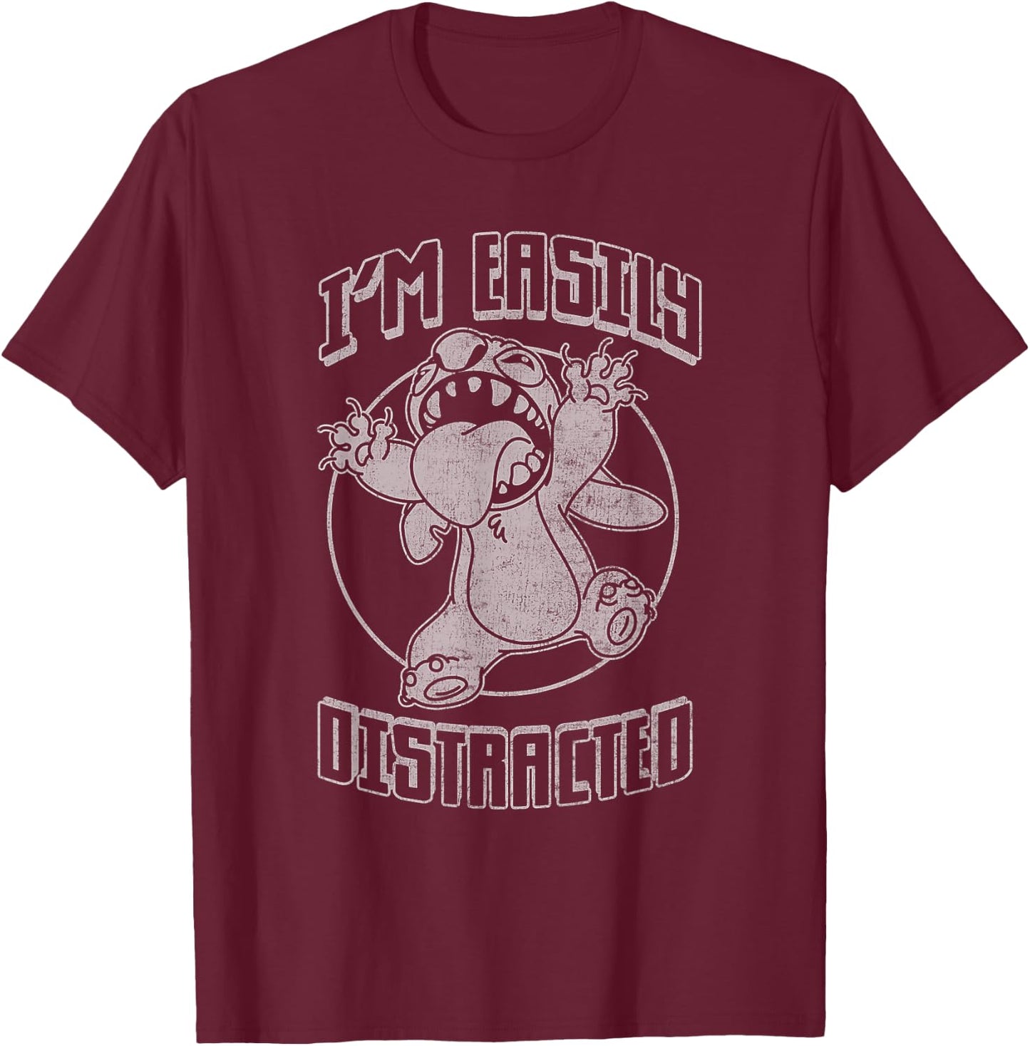Disney Lilo & Stitch I'm Easily Distracted Vintage Stitch T-Shirt - T-Shirt | Maroon