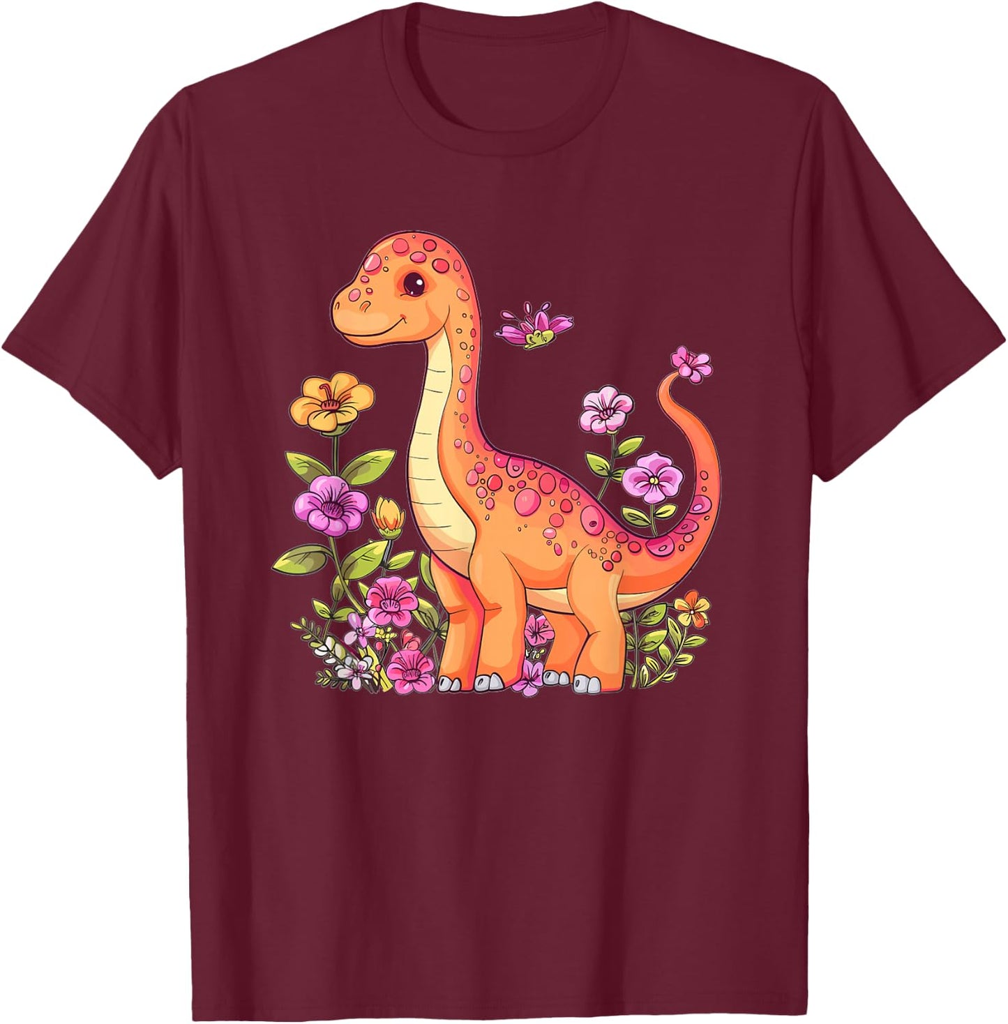 Cute Brachiosaurus With Flowers I Kids Brachiosaurus T-Shirt - T-Shirt | Maroon