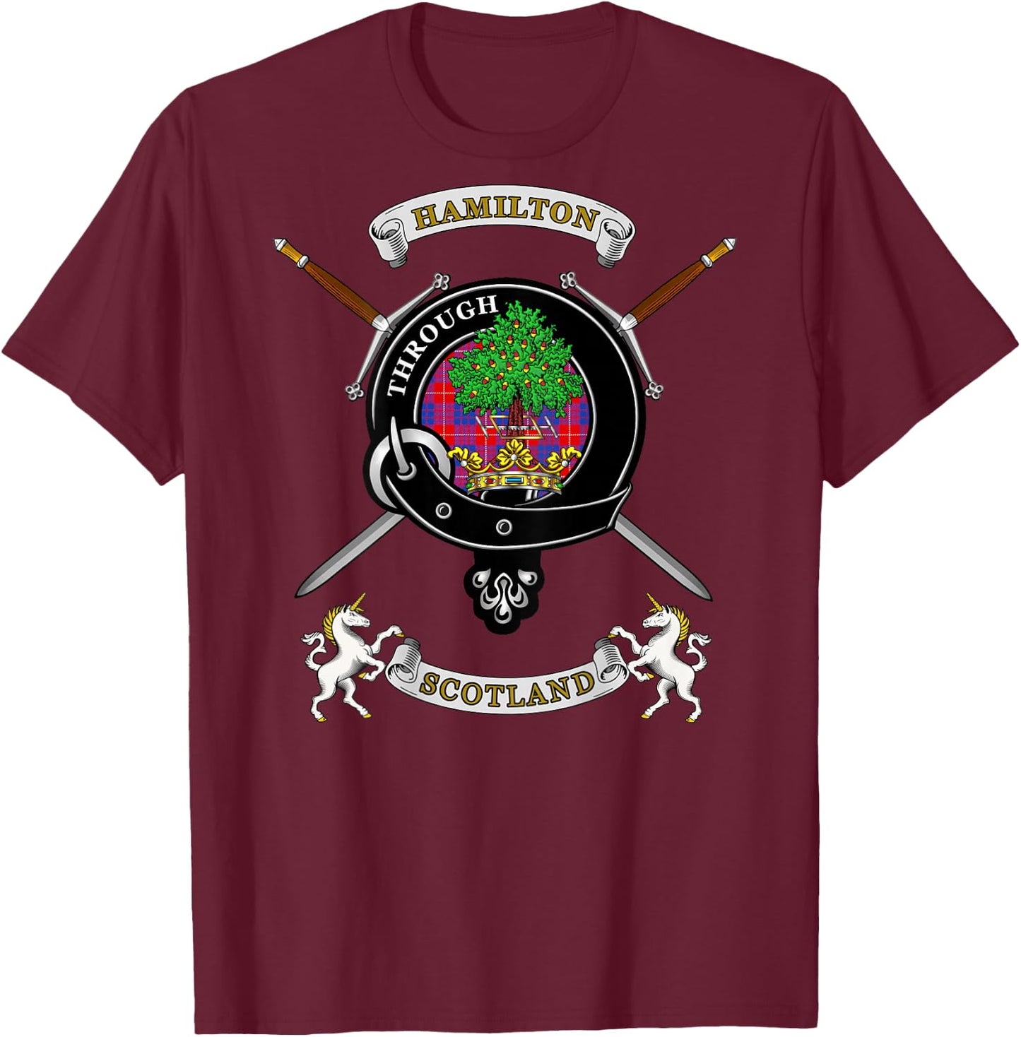 Hamilton Scottish Clan Badge Tartan & Swords (Back) T-Shirt - T-Shirt | Maroon