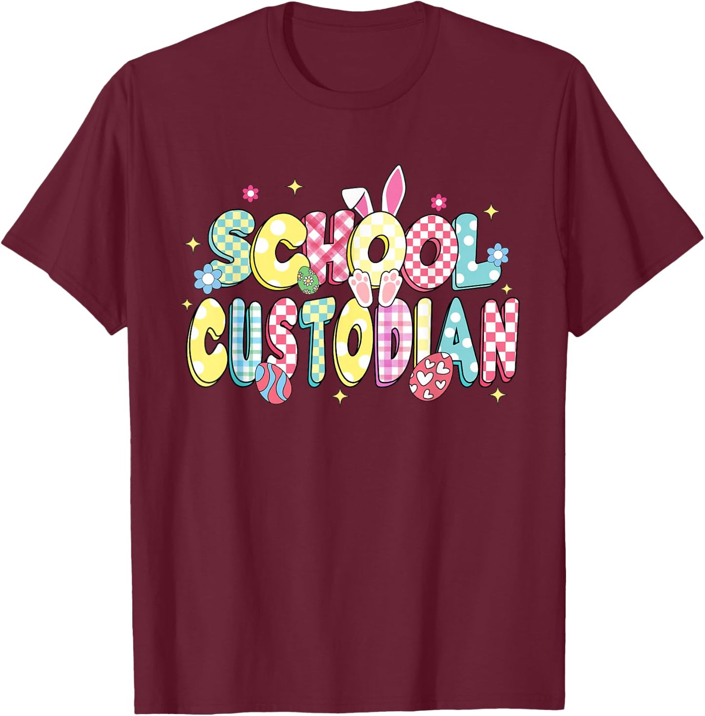 Retro Groovy School Custodian Bunny Ear Funny Easter Gifts T-Shirt - T-Shirt | Maroon