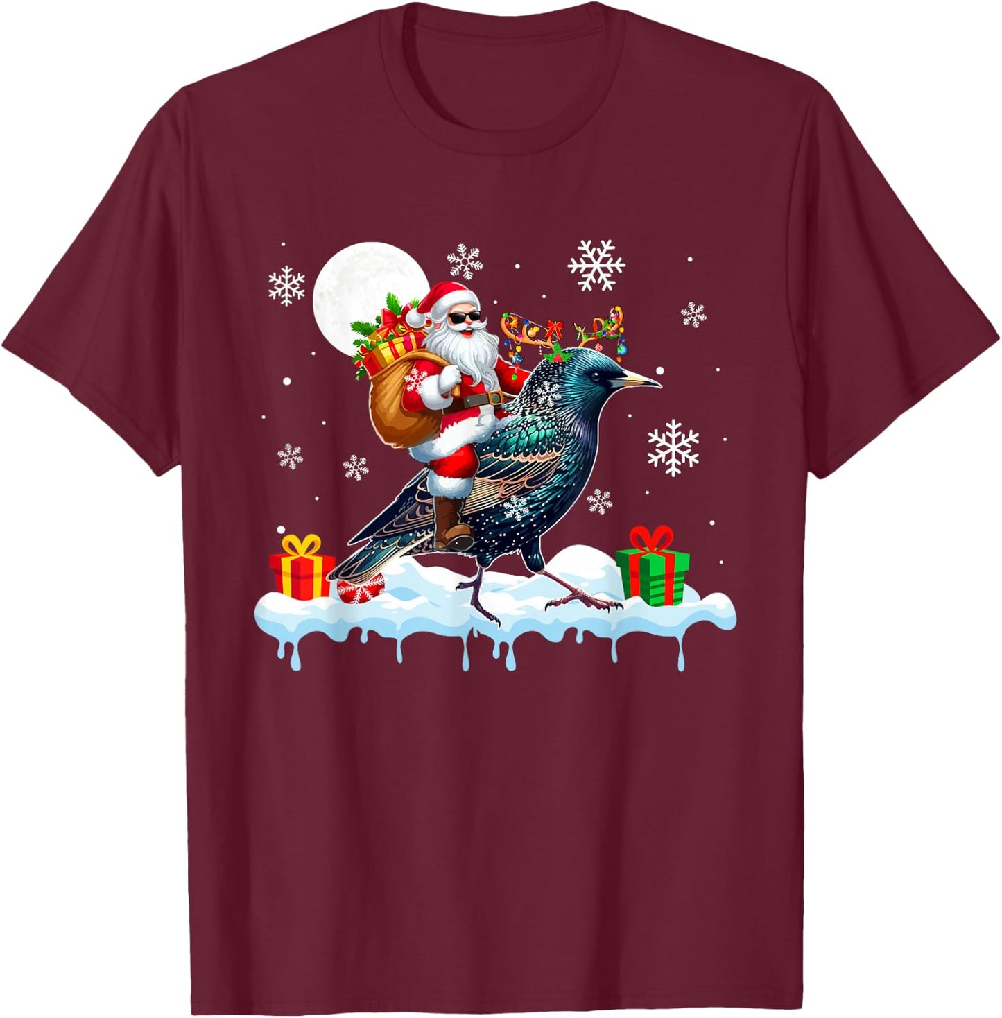 Santa Sunglasses Riding Reindeer Starling Bird Enthusiast T-Shirt - T-Shirt | Maroon