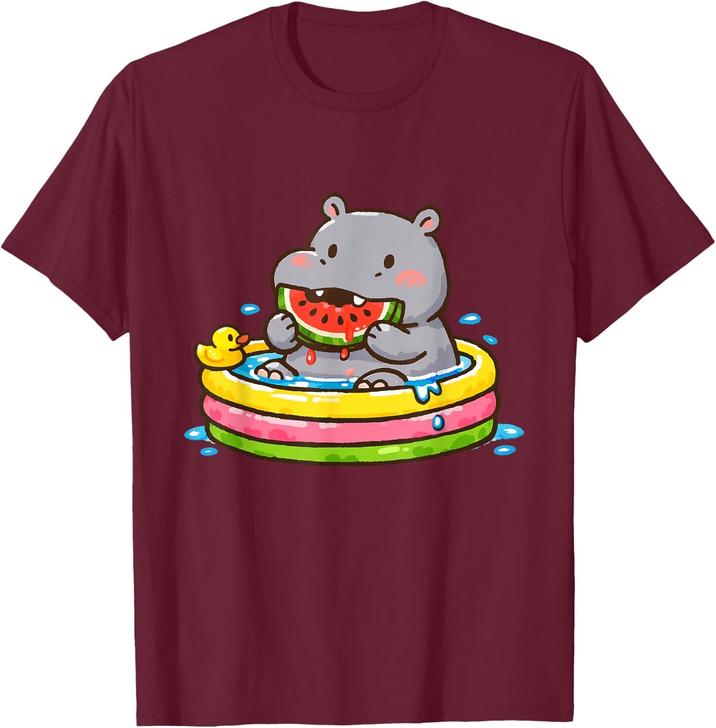 Hippo Eating Watermelon in Pool Funny Cartoon T-Shirt - T-Shirt | Maroon