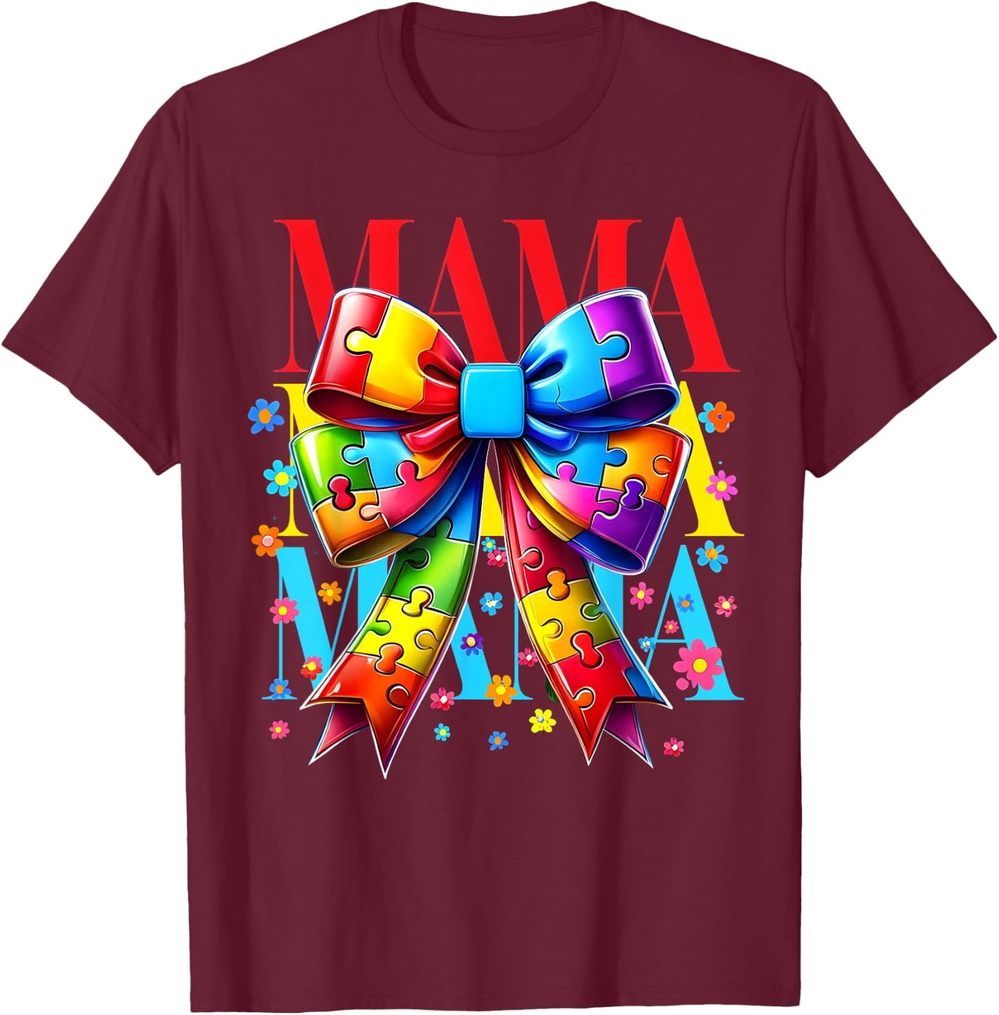 Autism Mom Puzzle Piece Coquette Bow Ribbon Autism Mama Kids T-Shirt - T-Shirt | Maroon