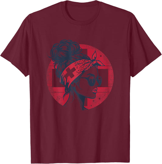 Switzerland Fan Item Women's Messy Bun Switzerland Flag , White T-Shirt - T-Shirt | Maroon