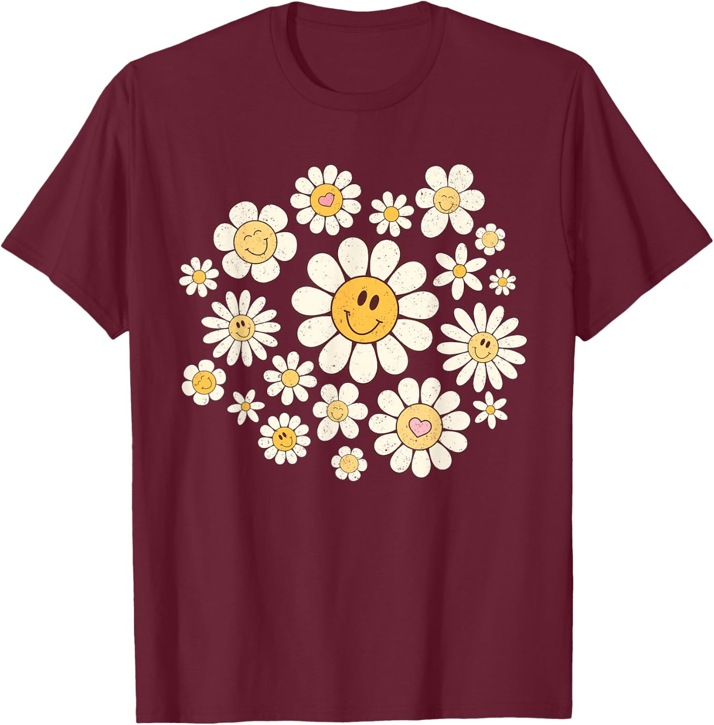 Vintage Cute Smile Face Flower Happy Face Flowers Heart Girl T-Shirt - T-Shirt | Maroon
