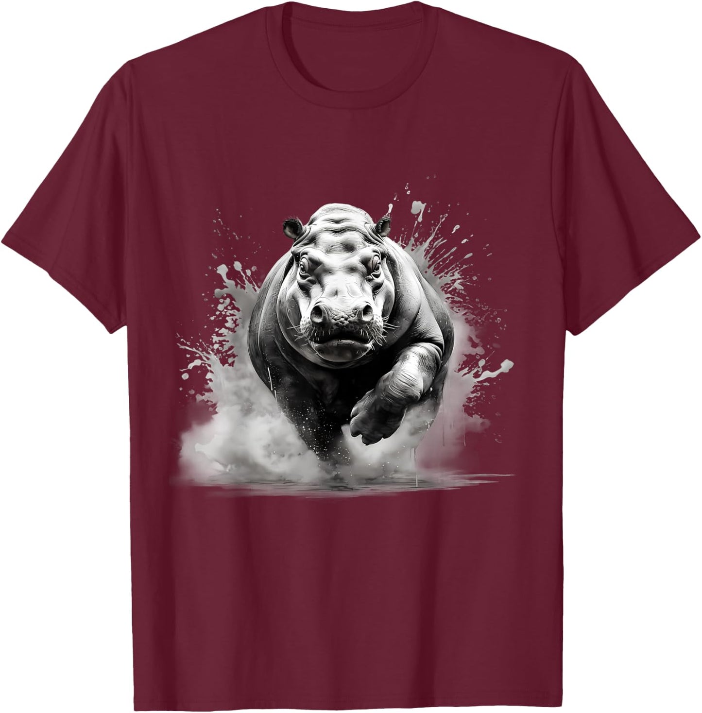 Hippo Portrait Drawing Nature Animal Art Hippopotamus Splash T-Shirt - T-Shirt | Maroon