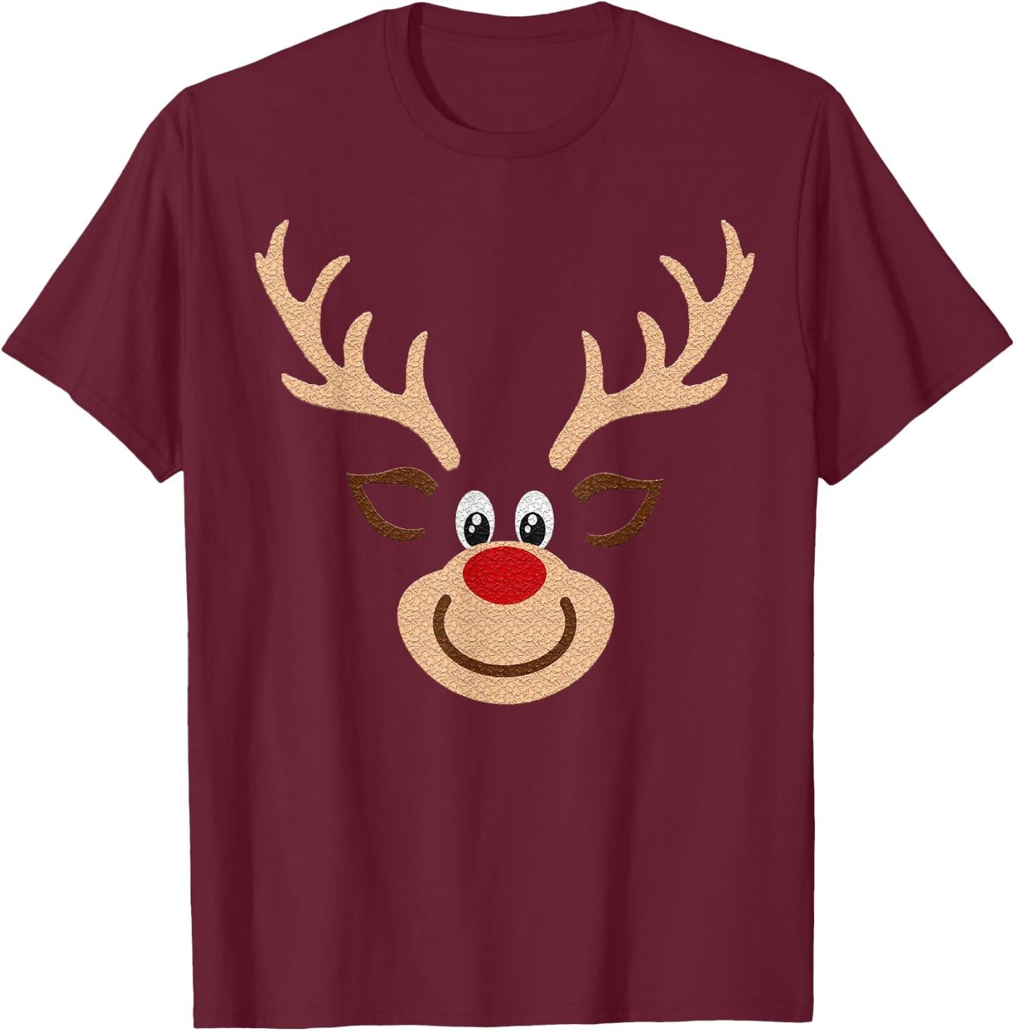 Reindeer Face Deer & Red Nose Brown Christmas T-Shirt - T-Shirt | Maroon