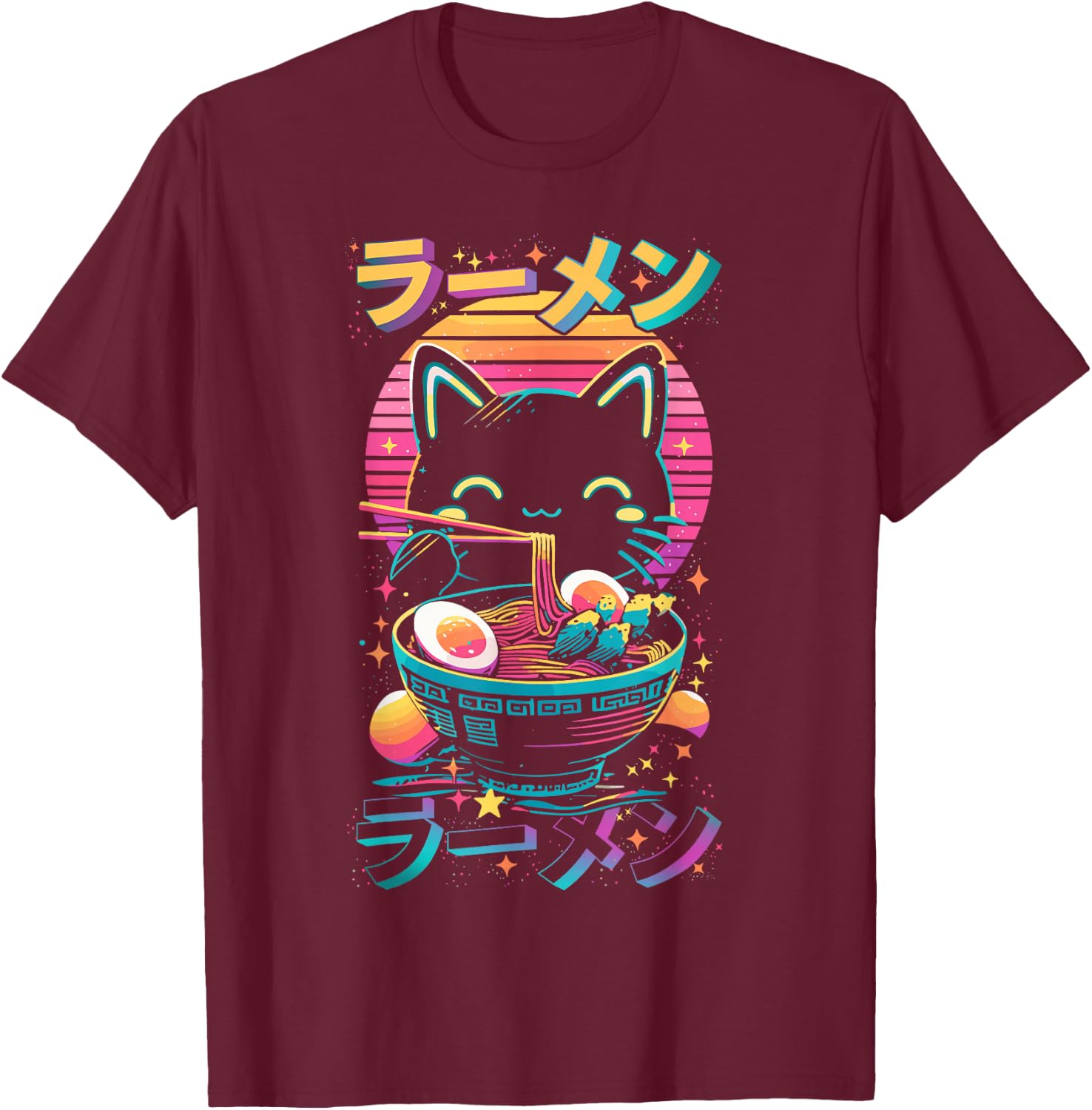 Anime Cat Eats Ramen Retro Kawaii Ramen Cat , black T-Shirt - T-Shirt | Maroon