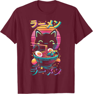 Anime Cat Eats Ramen Retro Kawaii Ramen Cat , black T-Shirt - T-Shirt | Maroon
