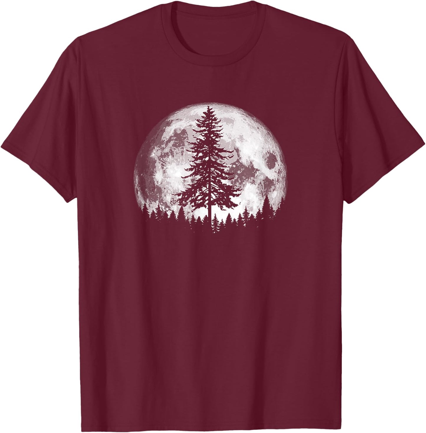 Retro Full Moon & Minimalist Pine Tree Vintage Graphic T-Shirt - T-Shirt | Maroon