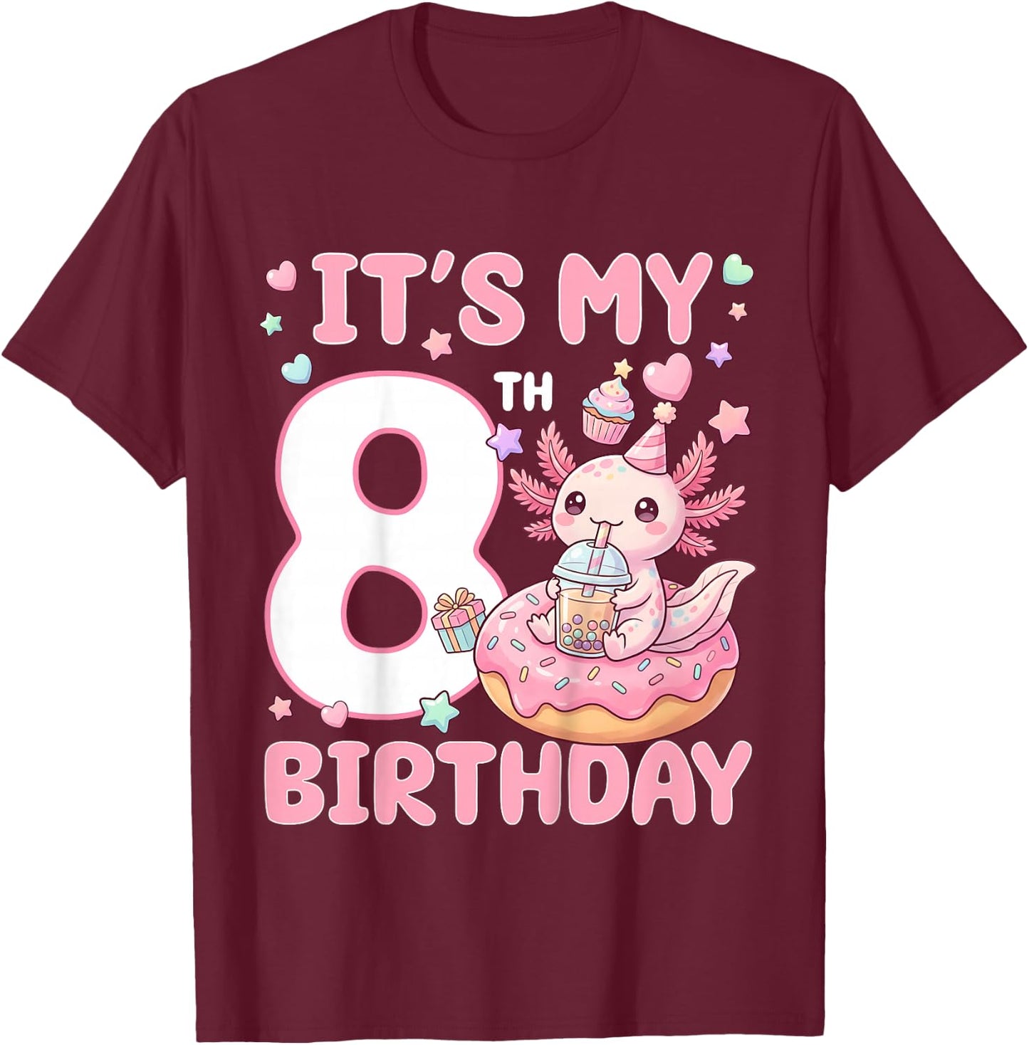 It's My 8th Birthday Axolotl Bubble Boba Tea Anime 8 Years T-Shirt - T-Shirt | Maroon