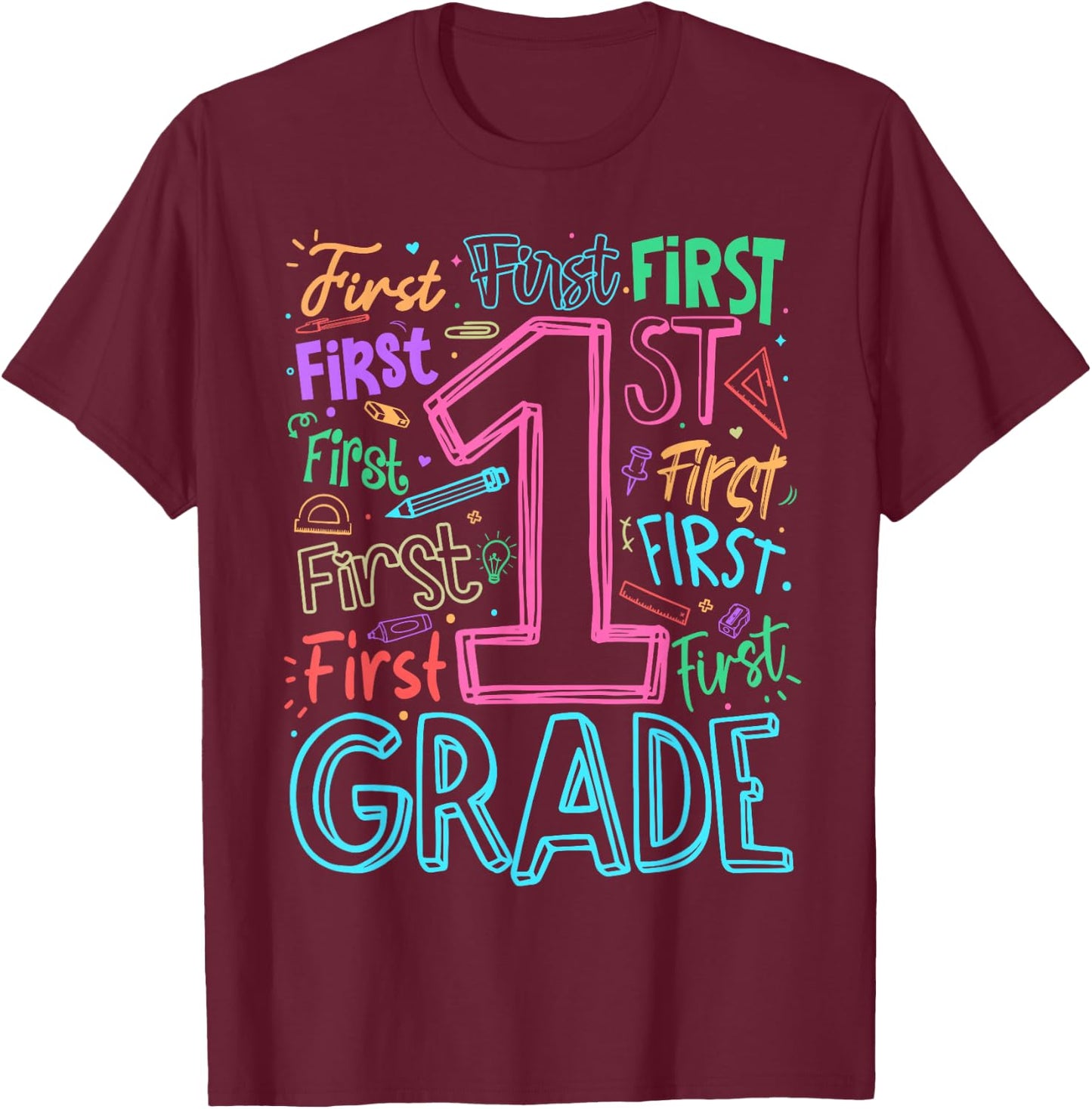 1st Grade Typography Team First Grade Teacher Back to School T-Shirt - T-Shirt | Maroon