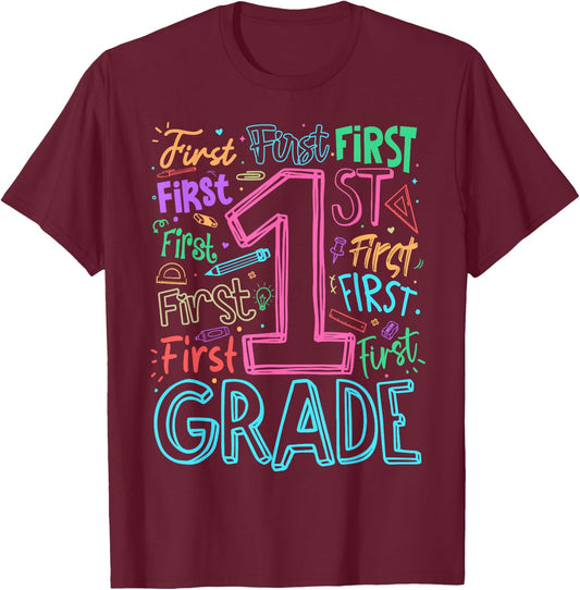 1st Grade Typography Team First Grade Teacher Back to School T-Shirt - T-Shirt | Maroon