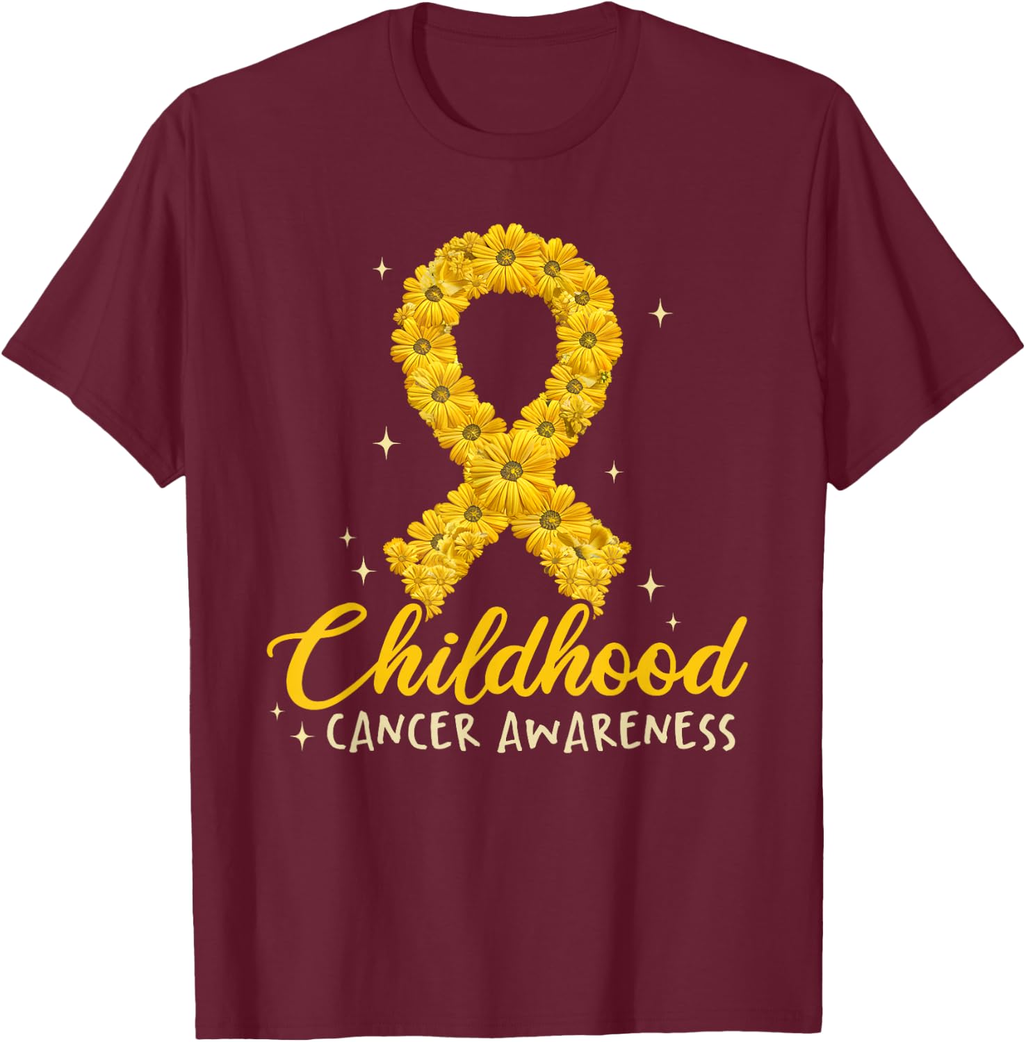 Childhood Cancer Awareness Yellow Daisy Flower Gold Ribbon T-Shirt - T-Shirt | Maroon