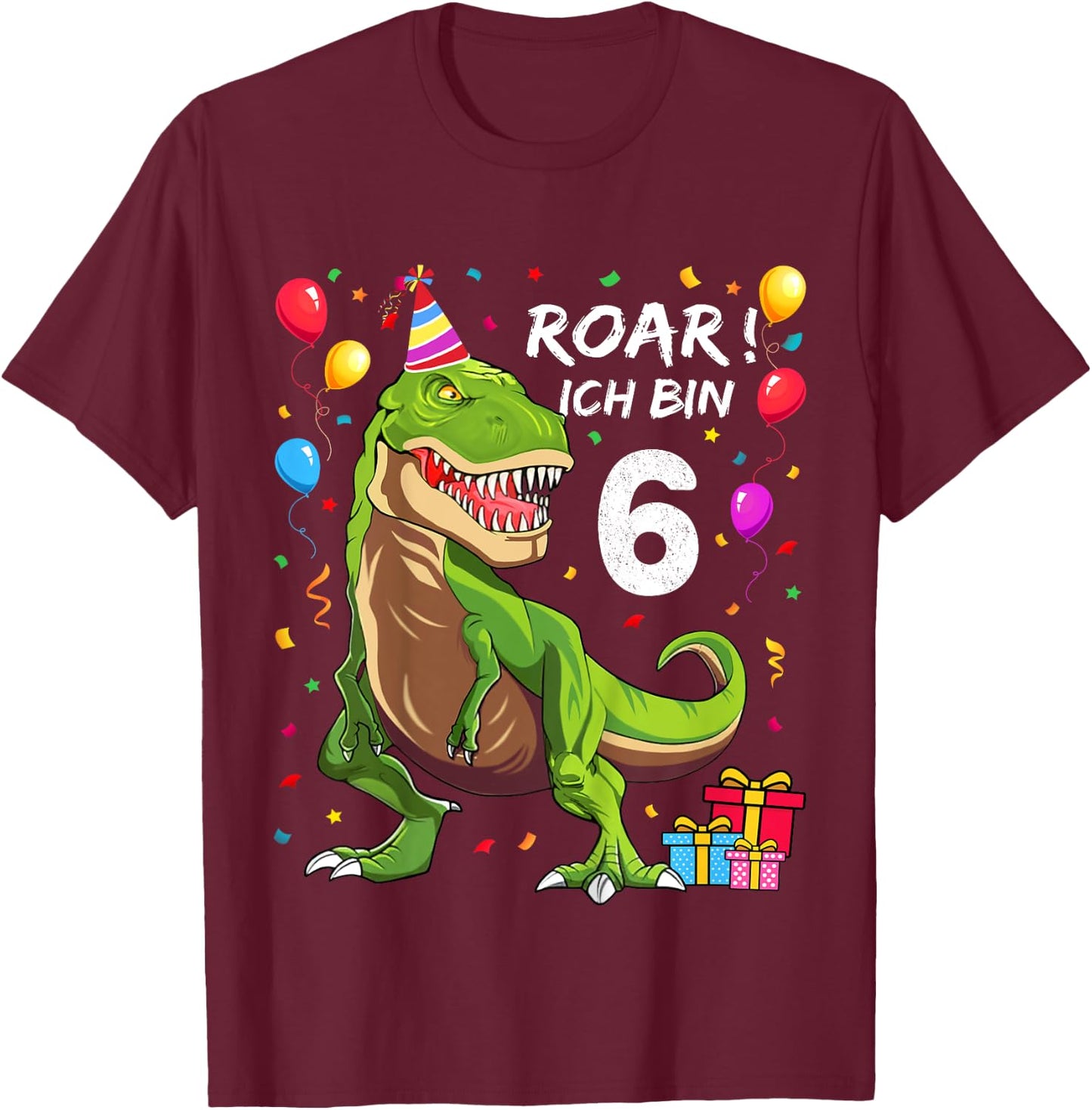 Children's Birthday Shirt 6 Years Boy Dinosaur Dino Ich bin 6 , black T-Shirt - T-Shirt | Maroon