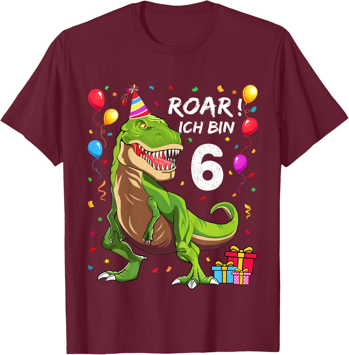 Children's Birthday Shirt 6 Years Boy Dinosaur Dino Ich bin 6 , black T-Shirt - T-Shirt | Maroon