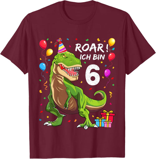 Children's Birthday Shirt 6 Years Boy Dinosaur Dino Ich bin 6 , black