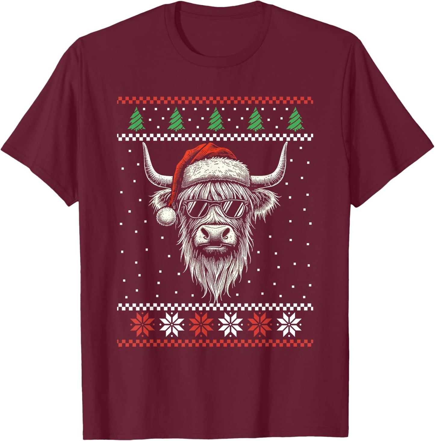 Highland Cow Santa Hat Ugly Christmas Sweater Xmas T-Shirt - T-Shirt | Maroon