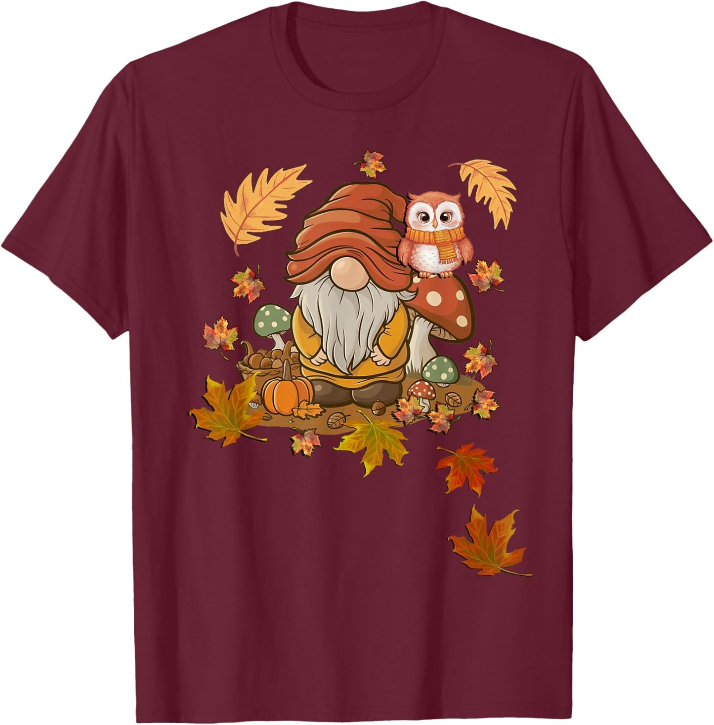 Autumn Season Design Leaves, Owls and Cute Fall Gnome T-Shirt - T-Shirt | Maroon
