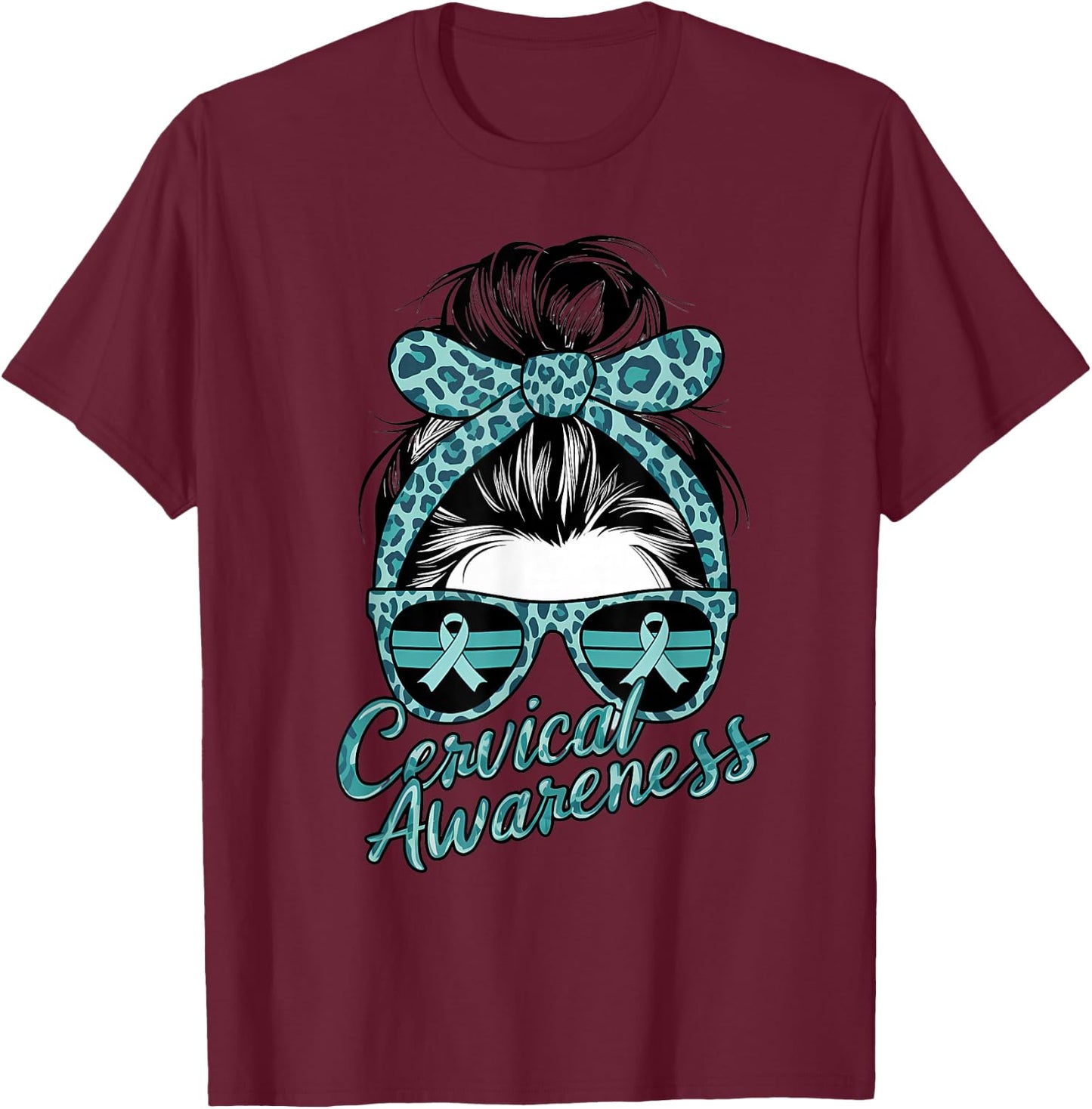 Cervical Cancer Awareness Scarf Leopard Girl Teal Ribbon T-Shirt - T-Shirt | Maroon