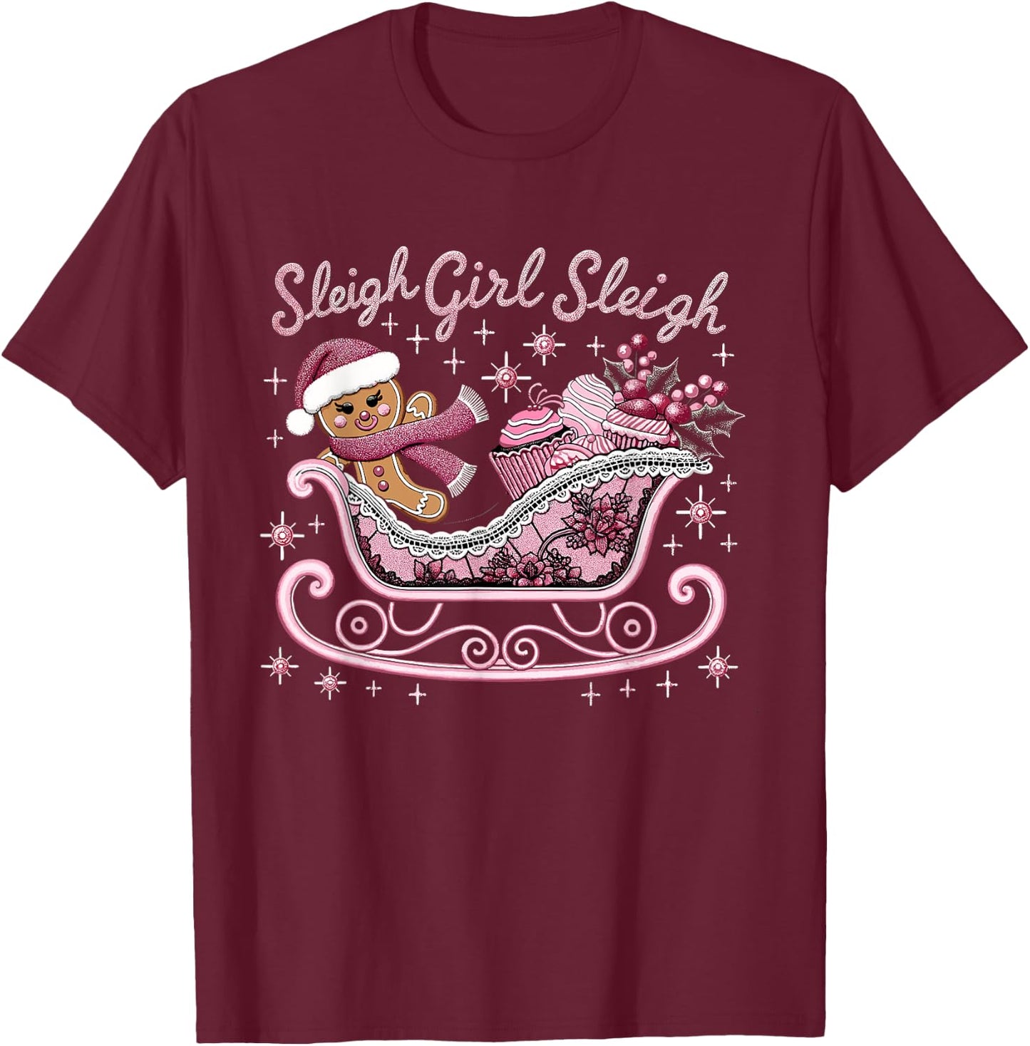 Groovy Pink Christmas Candy Sleigh Girl Gingerbread Holiday T-Shirt - T-Shirt | Maroon