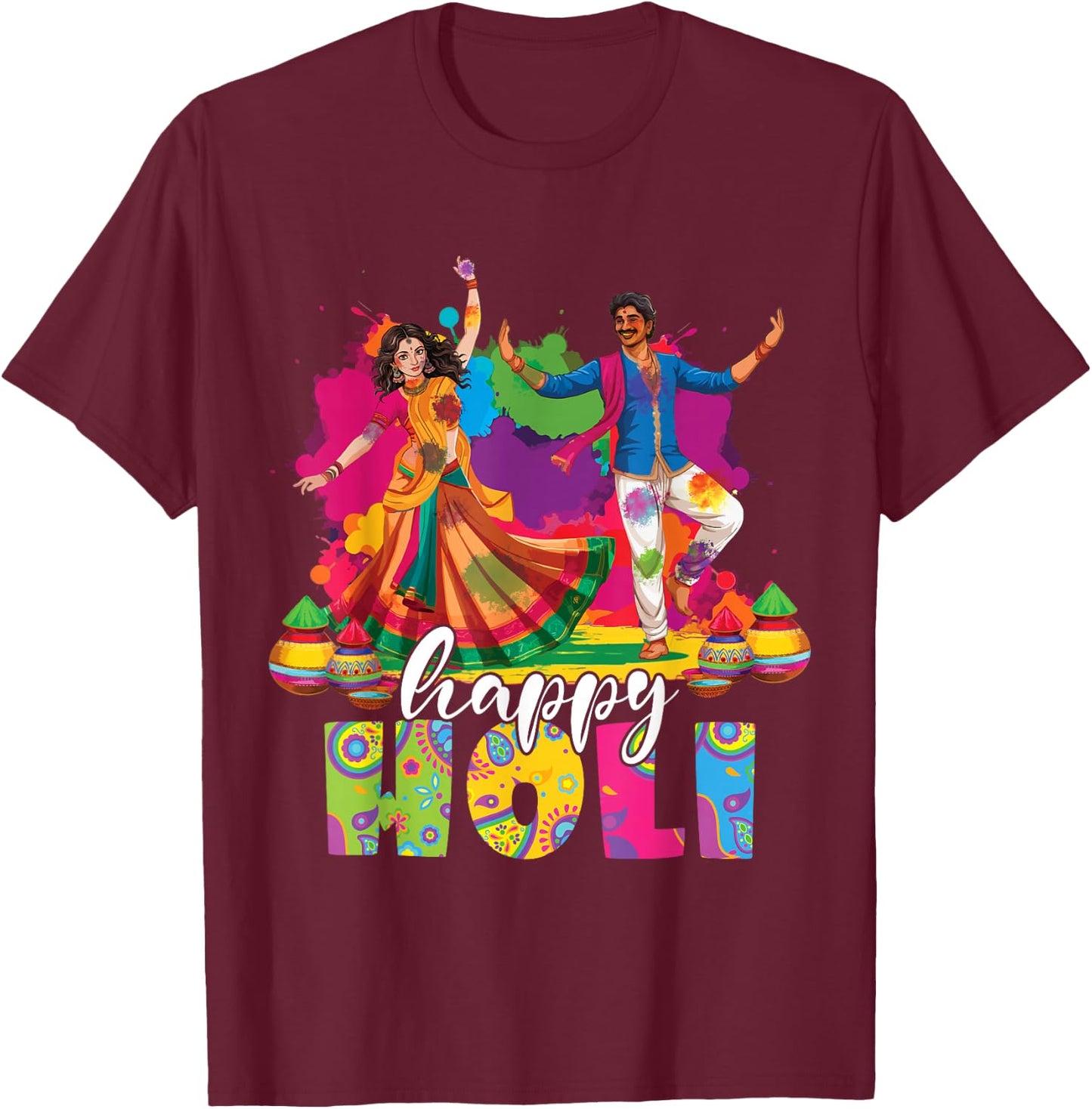 Happy Holi Indian Dancing Spring Holi Festival Of Colors T-Shirt - T-Shirt | Maroon