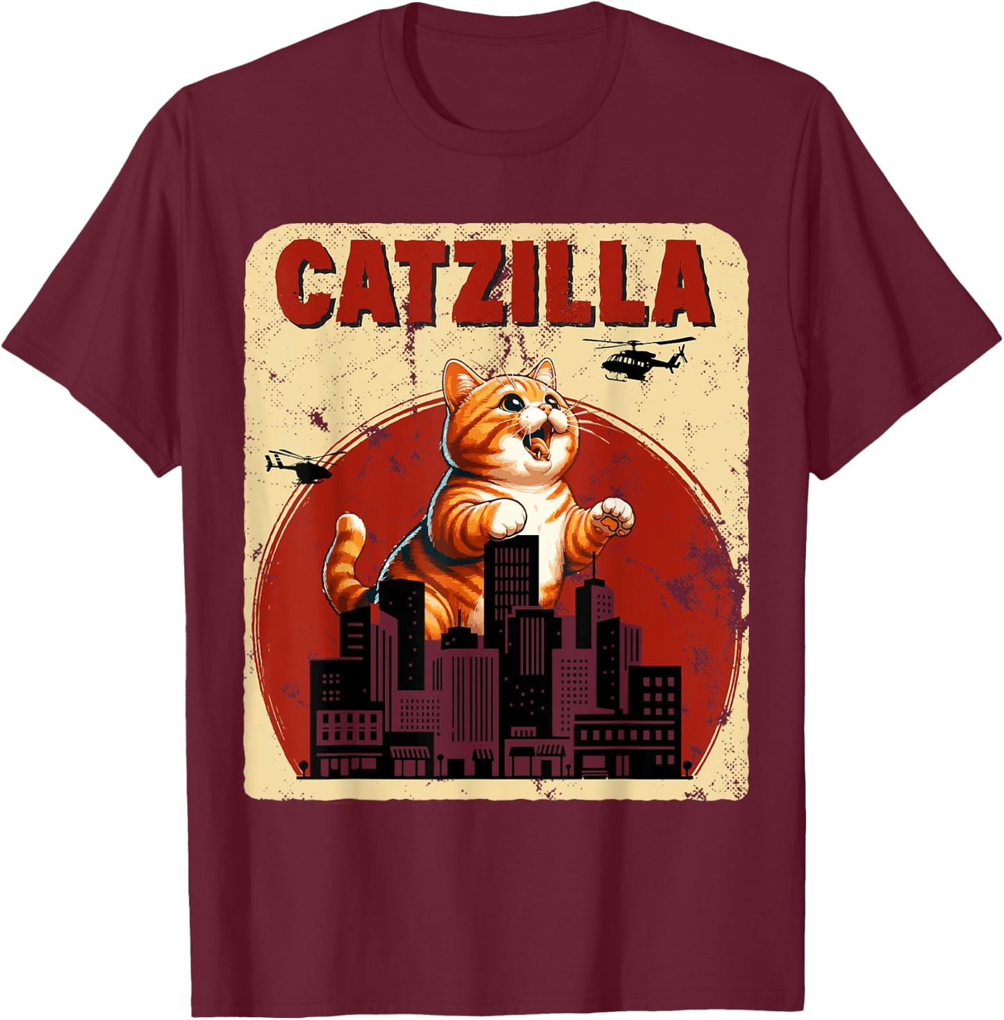 Catzilla Funny Giant Orange Tabby Cute Classic Japanese Film T-Shirt - T-Shirt | Maroon