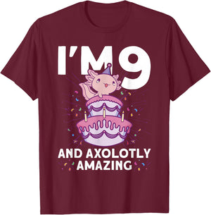 I'm 9 Bday Axolotl Party Cute 9th Birthday Kids Axolotl T-Shirt - T-Shirt | Maroon