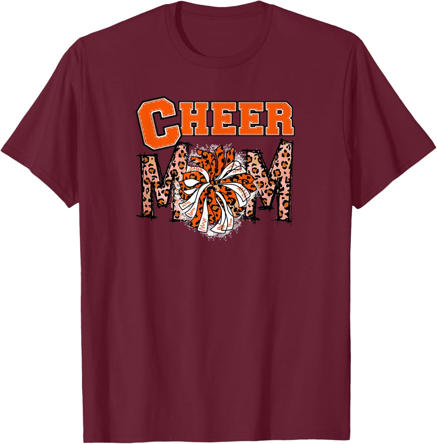 Cheer Mom - Cute Leopard Letters - Orange Team - Cheerleader T-Shirt - T-Shirt | Maroon