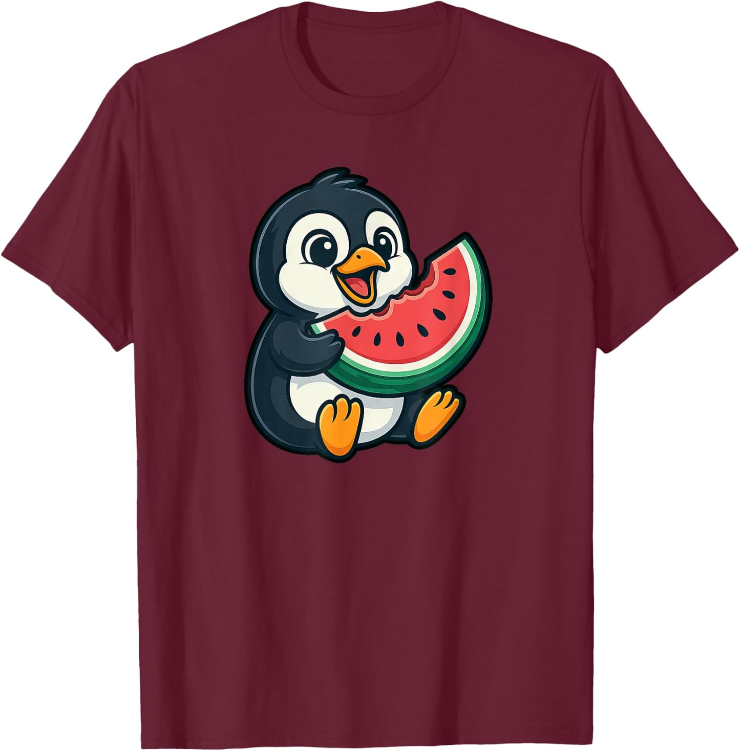 Cute Penguin Eating Watermelon Slice Cartoon T-Shirt - T-Shirt | Maroon