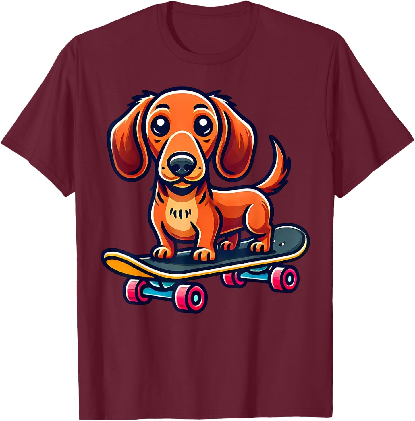Skateboard Dachshund Cute Skater Doxie Funny Dog Wiener , Black, S T-Shirt - T-Shirt | Maroon