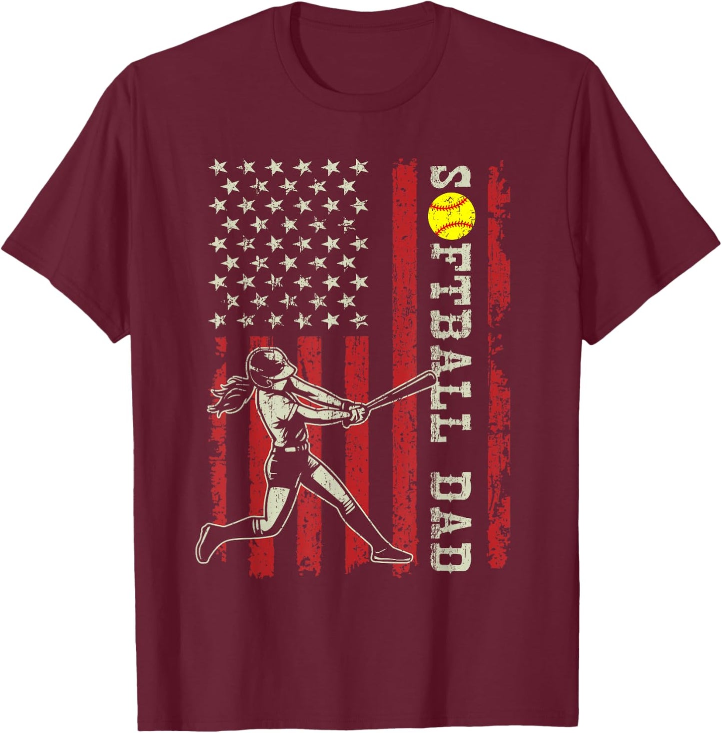 Vintage Softball Dad American Flag Fathers Day Patriotic Men T-Shirt - T-Shirt | Maroon