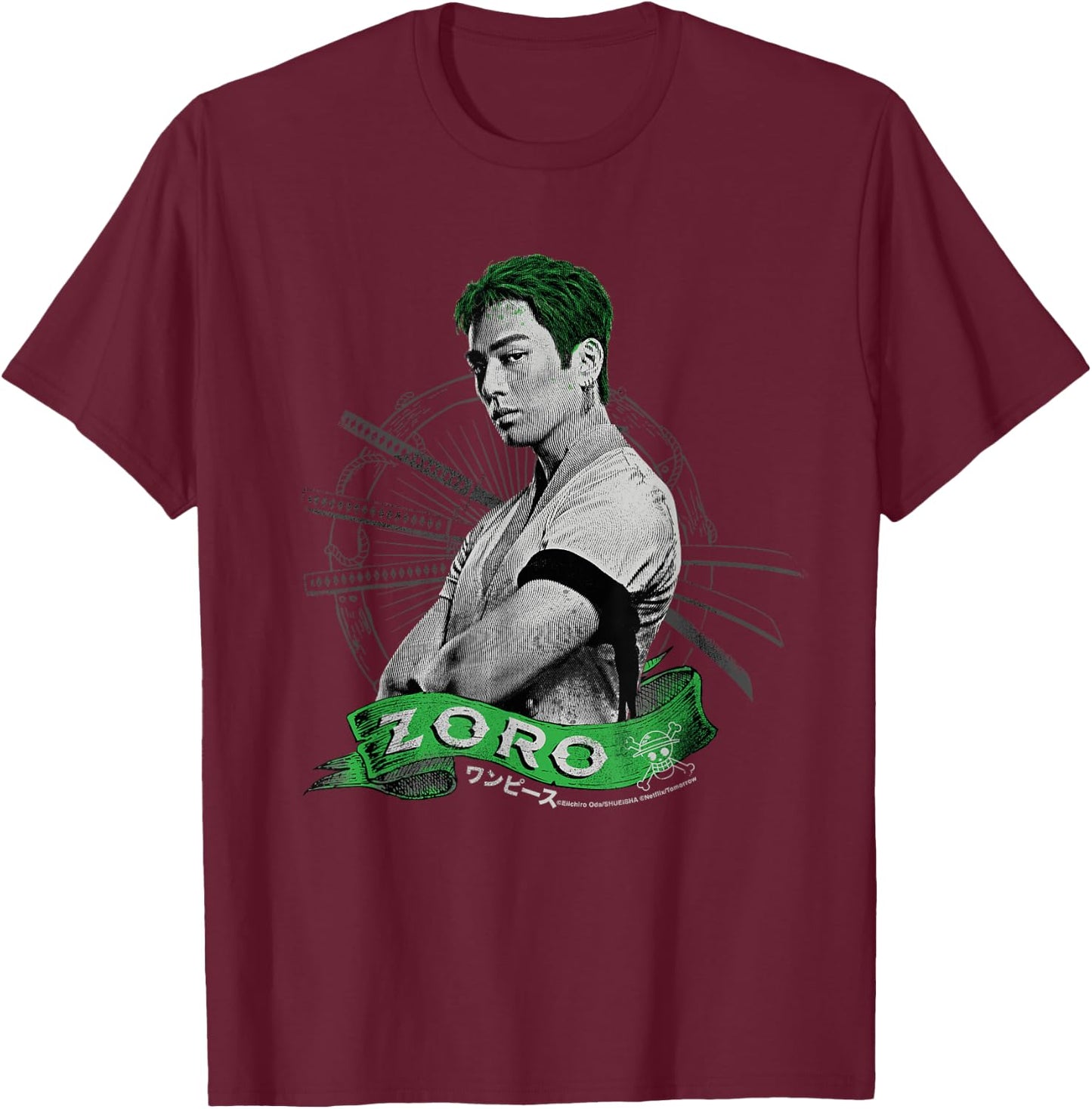 One Piece Roronoa Zoro Live Action Straw Hat Pirate Hunter , Black, S T-Shirt - T-Shirt | Maroon
