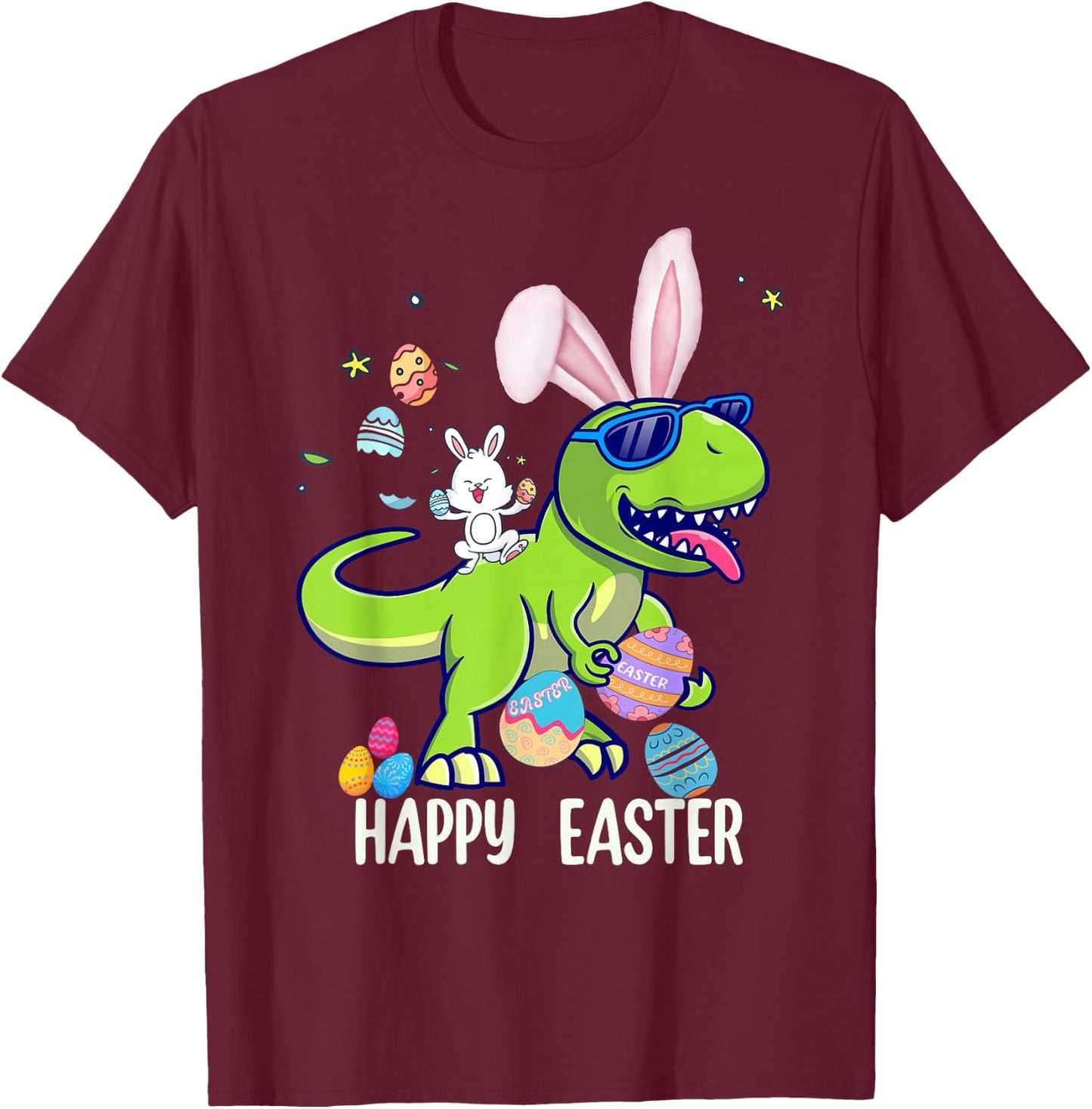 Happy Easter Dino Shirts Kids Funny Dinosaur Bunny Eggs T-Shirt - T-Shirt | Maroon