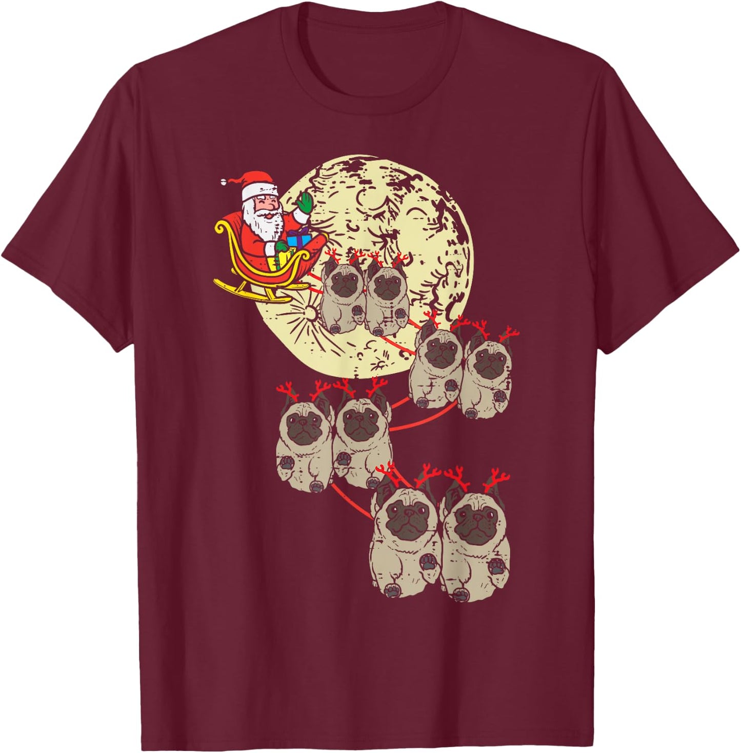 Reindeer Pug Santa Christmas Animal Pet Xmas Dog Lover PJ T-Shirt - T-Shirt | Maroon
