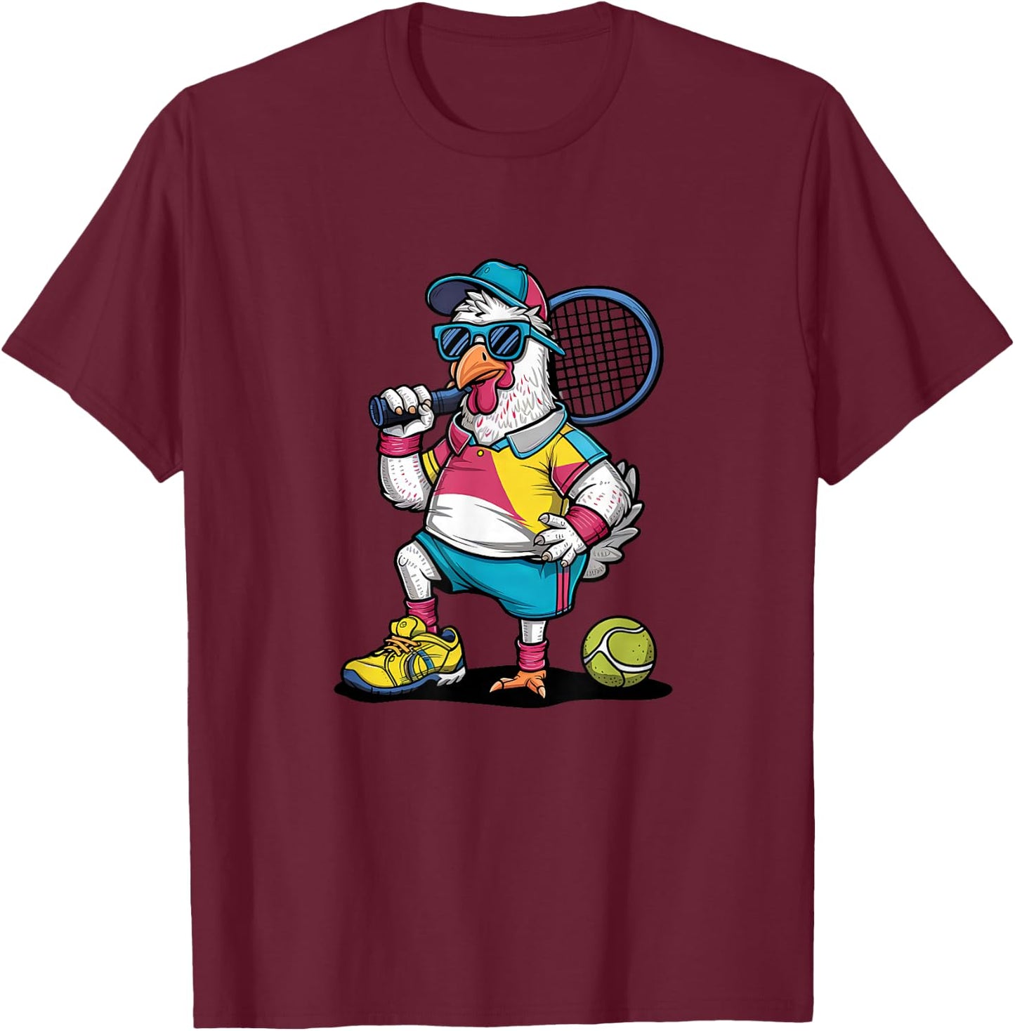 Tennis Rooster Funny Sports Animal Cartoon Art Design T-Shirt - T-Shirt | Maroon