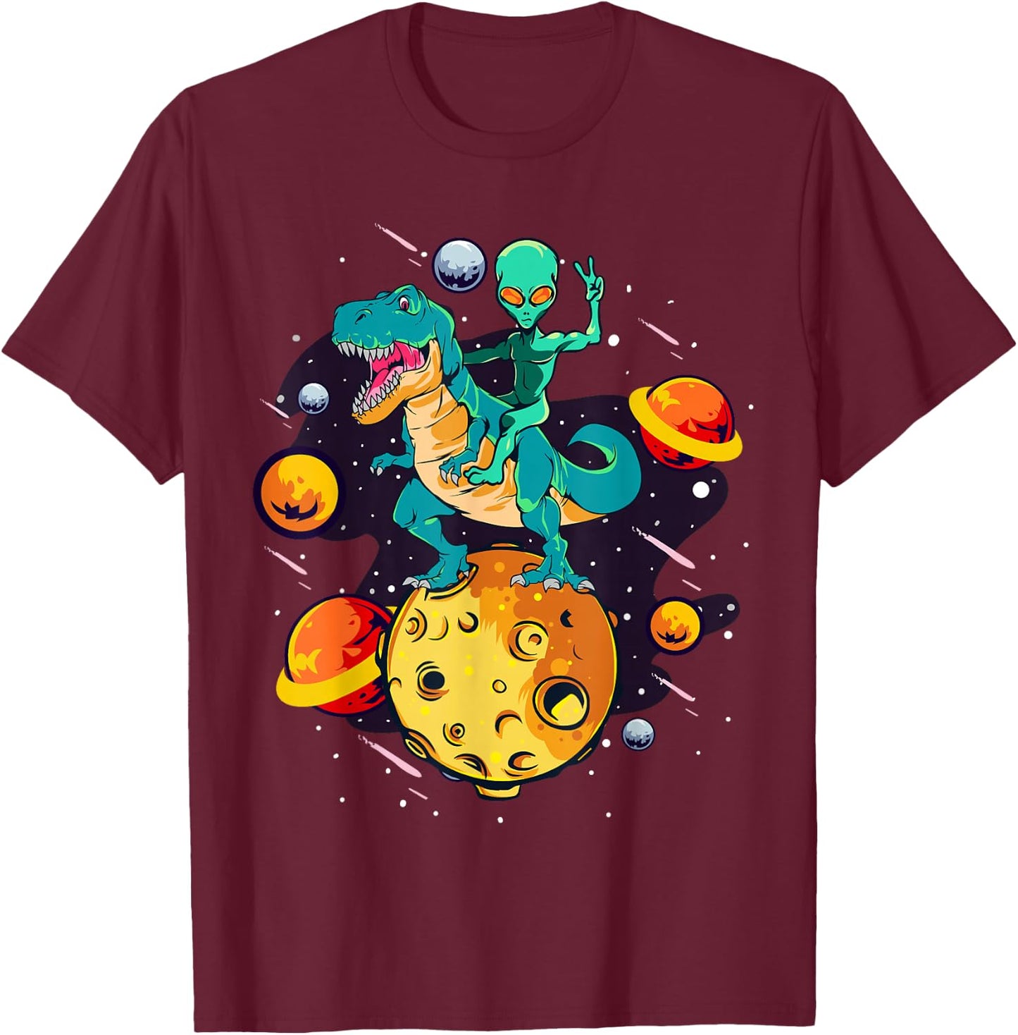 Alien Rides T-Rex - Dinosaurs From Outer Space T-Shirt - T-Shirt | Maroon