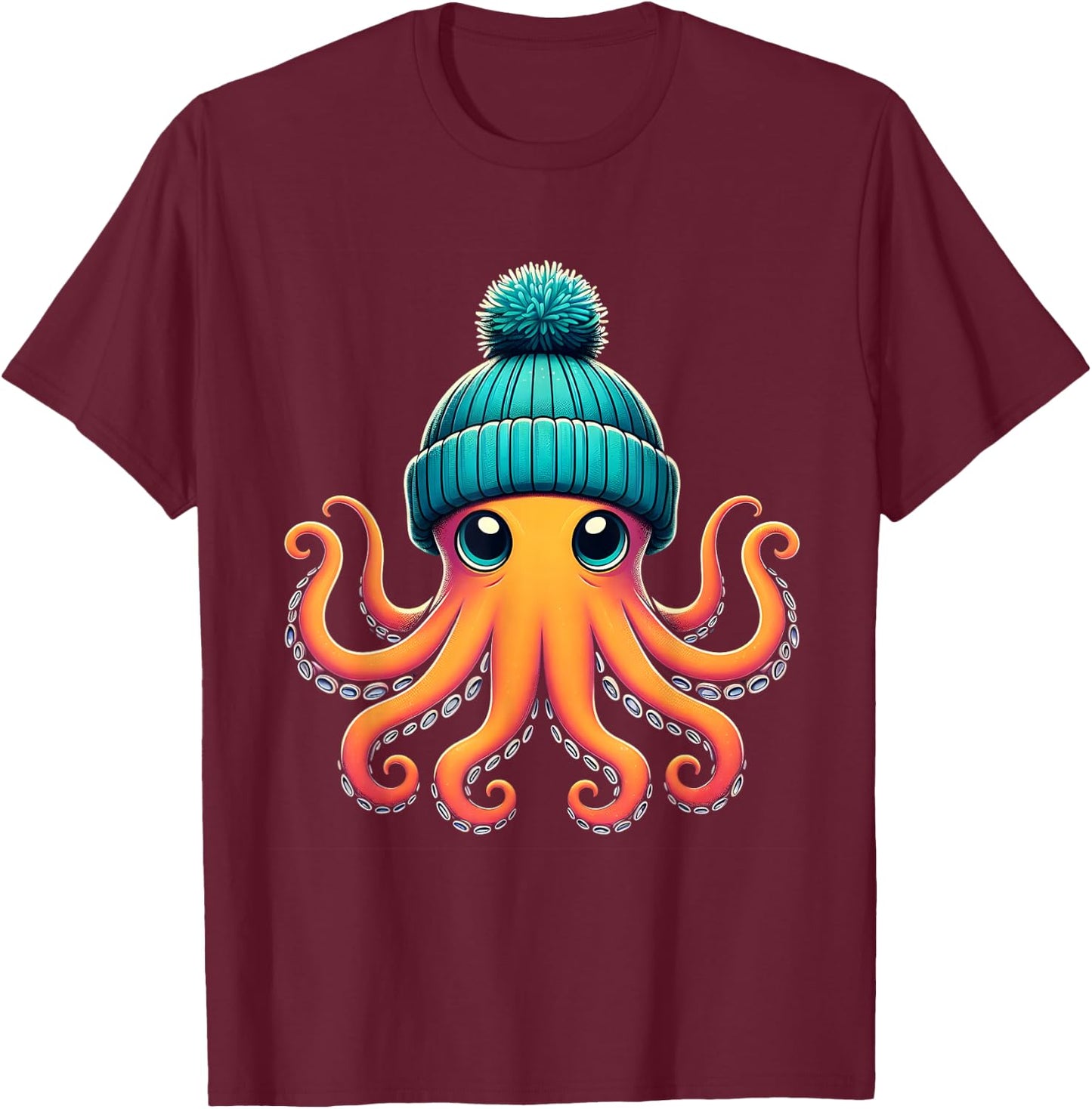 Cute Octopus With Beanie Shirt Cephalopod Sea Animal Lover T-Shirt - T-Shirt | Maroon